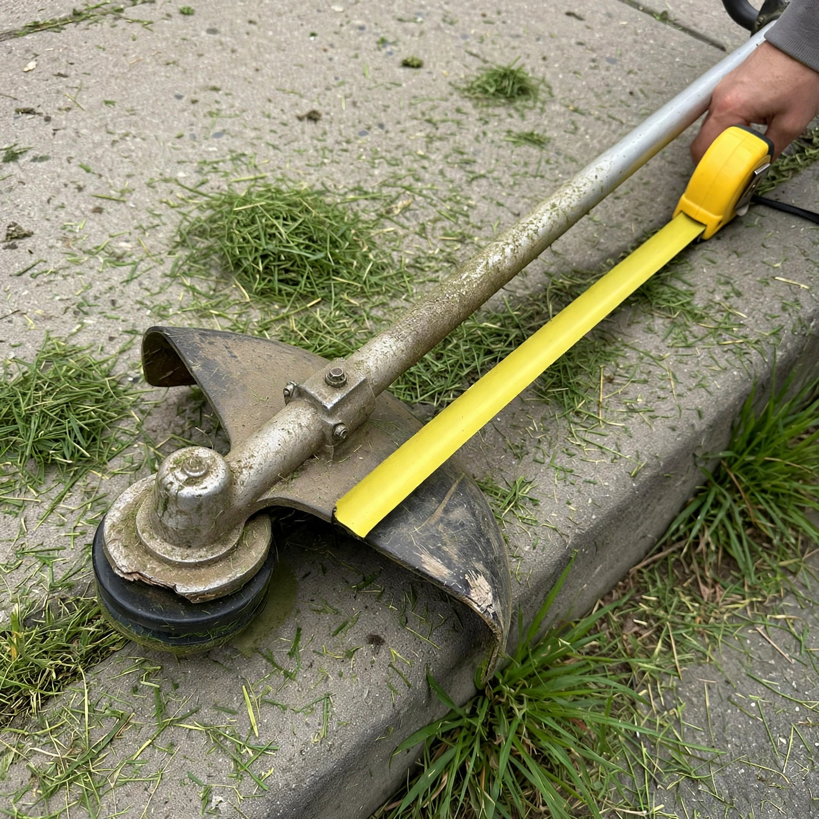 A close-up of a trimmer beside a curb with clipped grass along the sidewalk