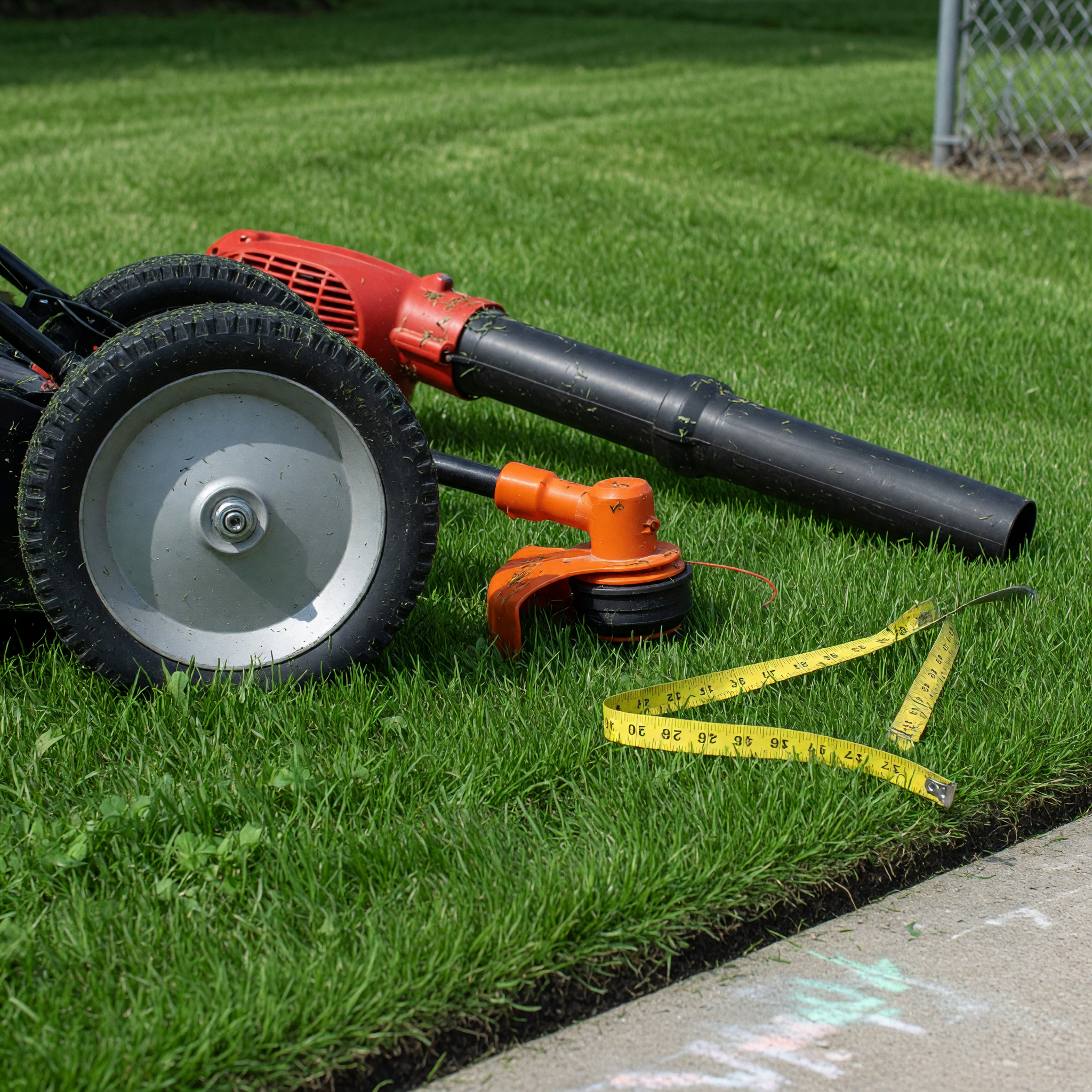 Lawn mowing tools beside fresh grass for a local service listing