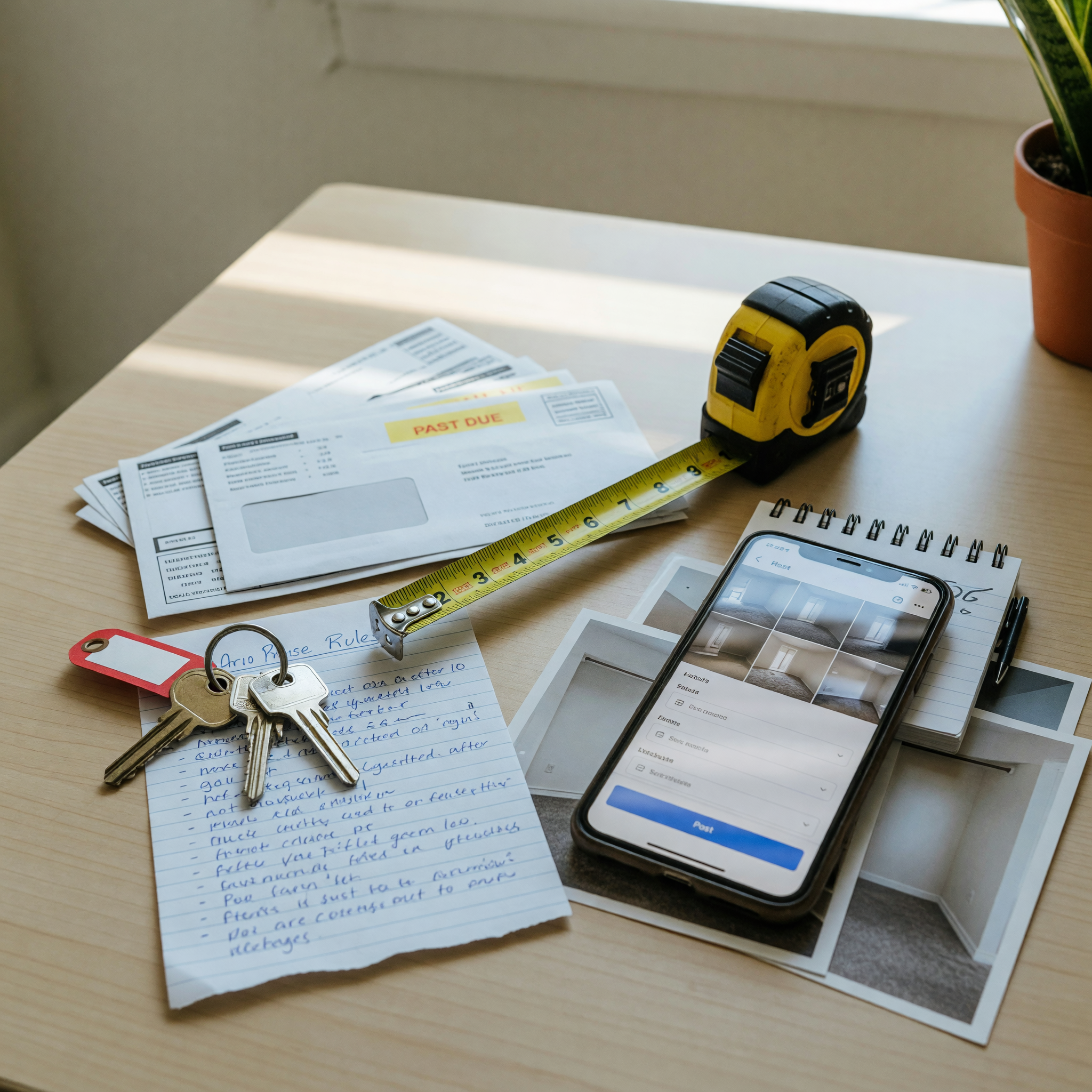Room rental listing setup with keys, utility notes, house rules, measuring tape, and a phone