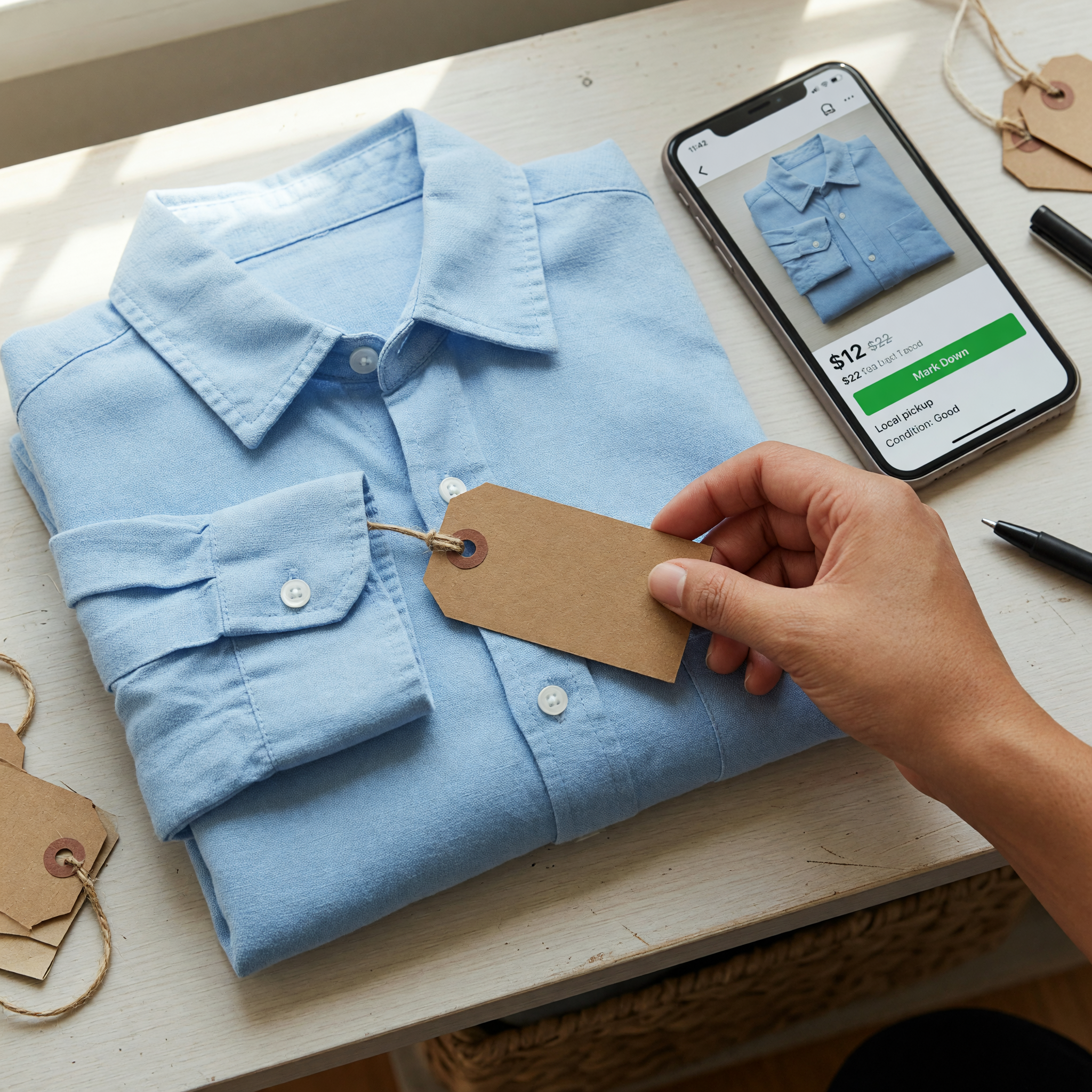 A hand placing a small blank kraft-paper price tag on a clean used item while a phone screen shows the same item being listed