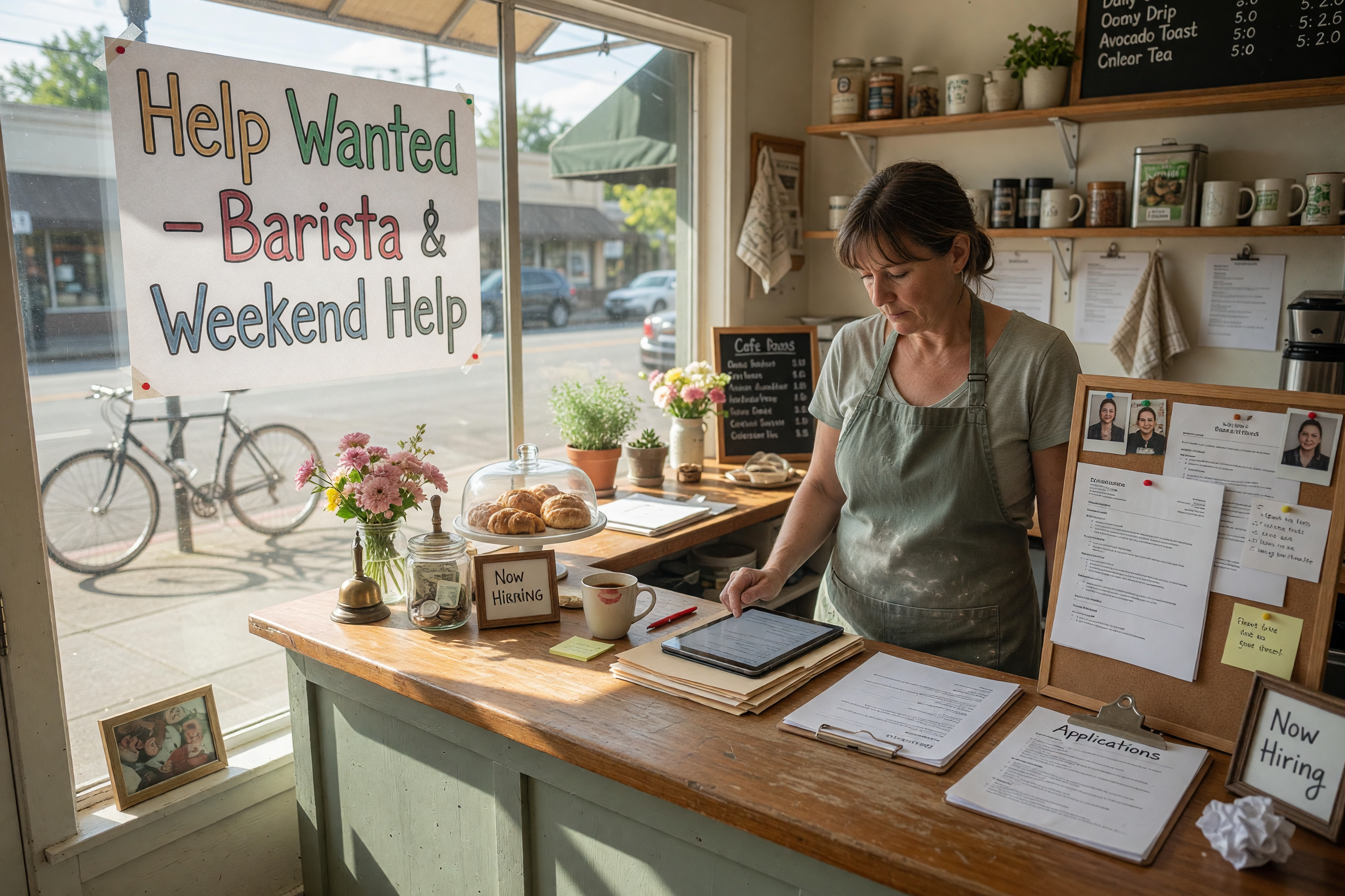 A small local business owner in an apron at a shop counter reviewing job applications on a tablet in a welcoming storefront