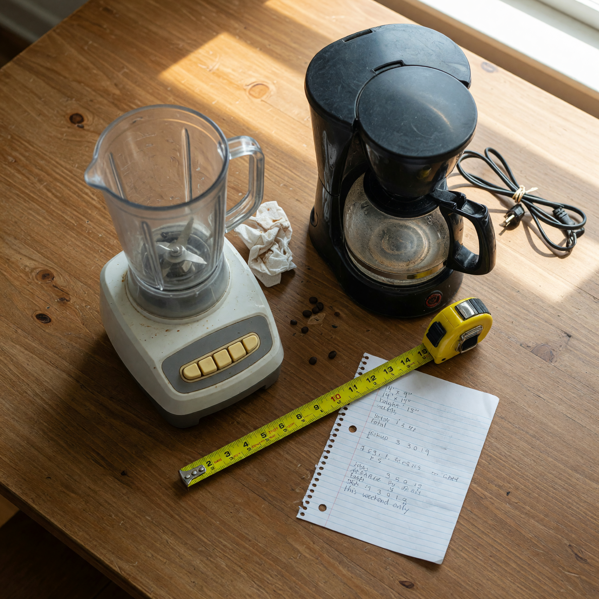 Overhead view of a used blender and coffee maker on a wooden table beside a tape measure and a handwritten note listing dimensions and a pickup ZIP code