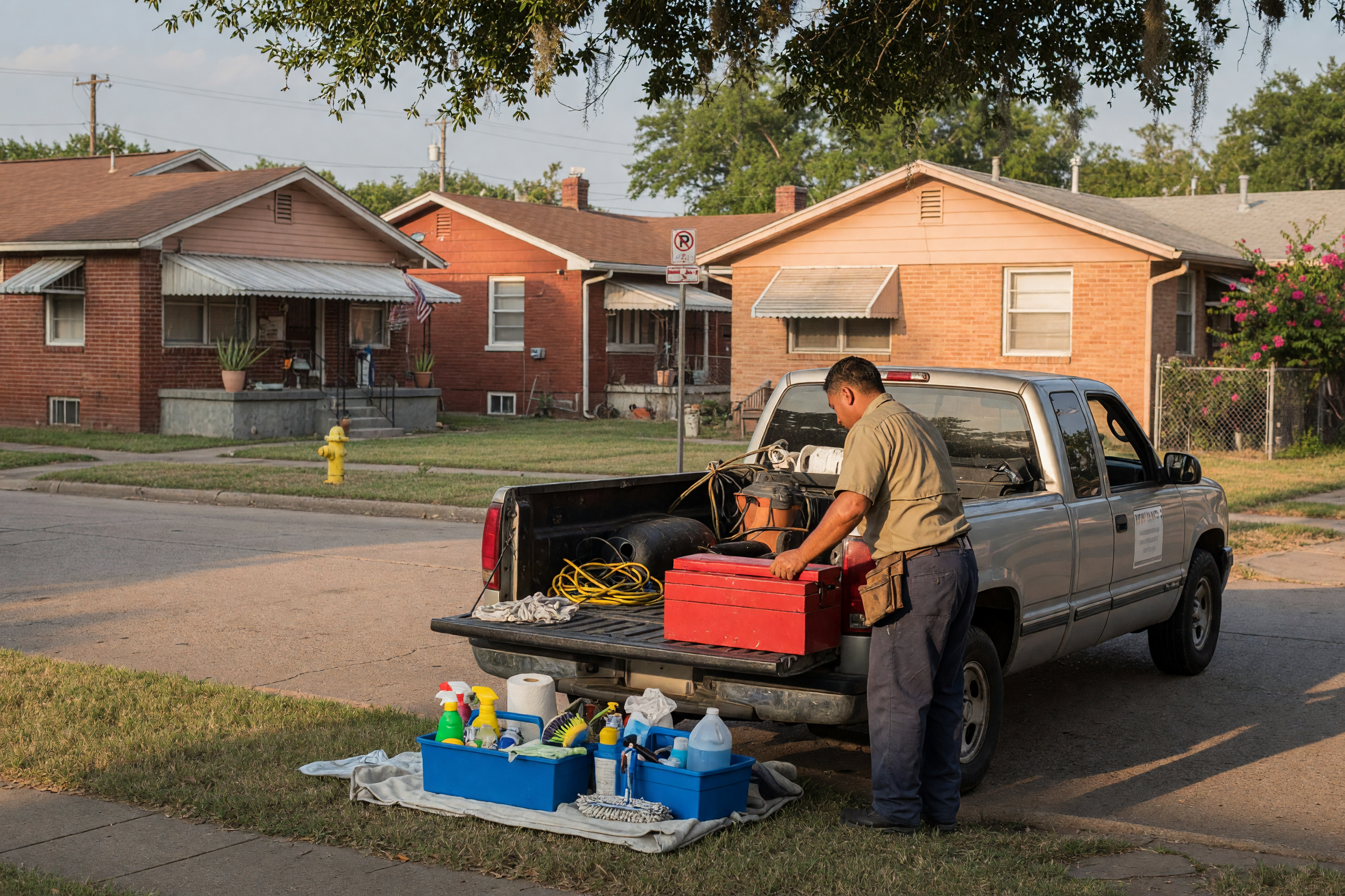 Local service professional loading a toolbox and cleaning supplies from a pickup truck on a residential Houston street