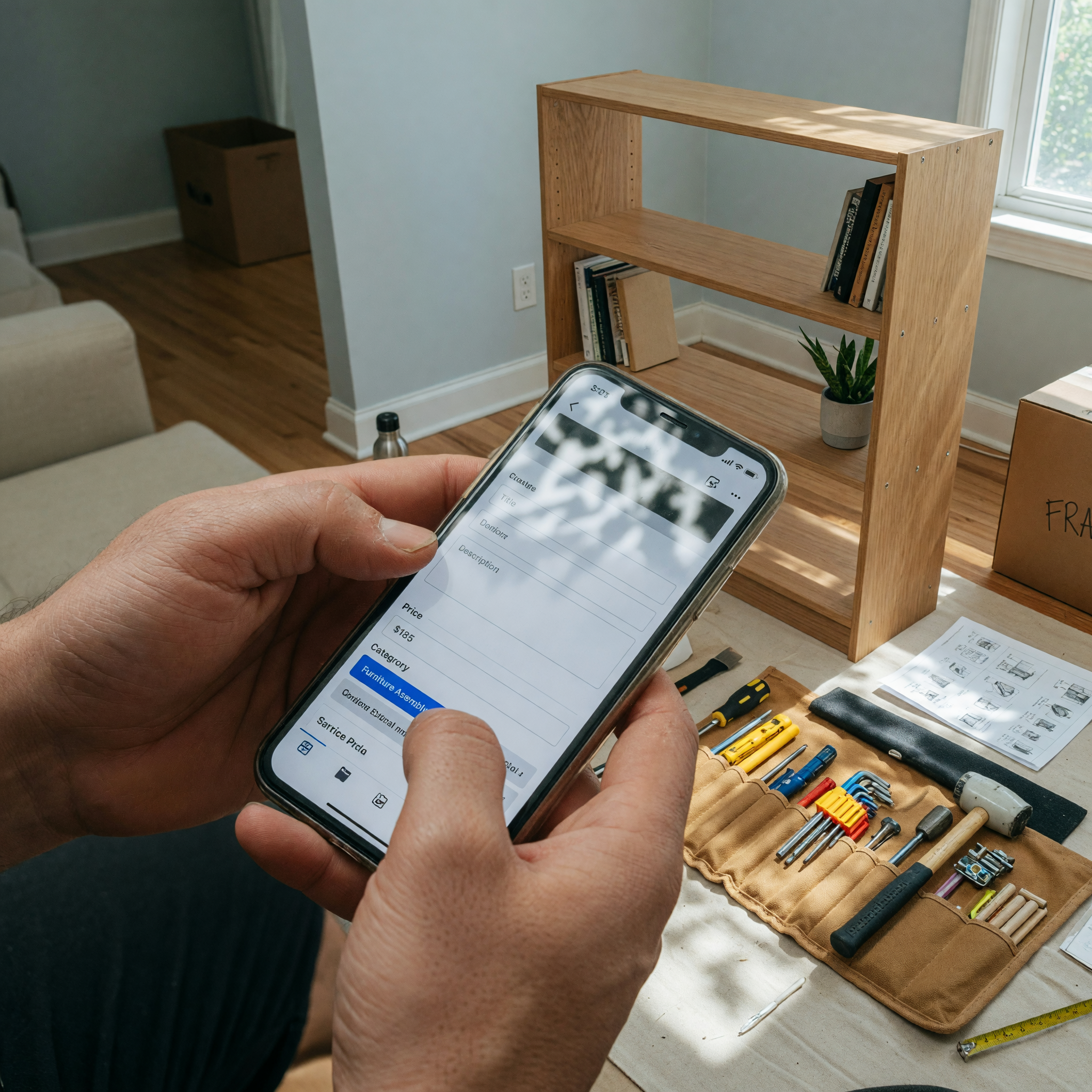Service provider's hands typing a clear service listing on a phone next to freshly assembled furniture and organized tools in a bright home