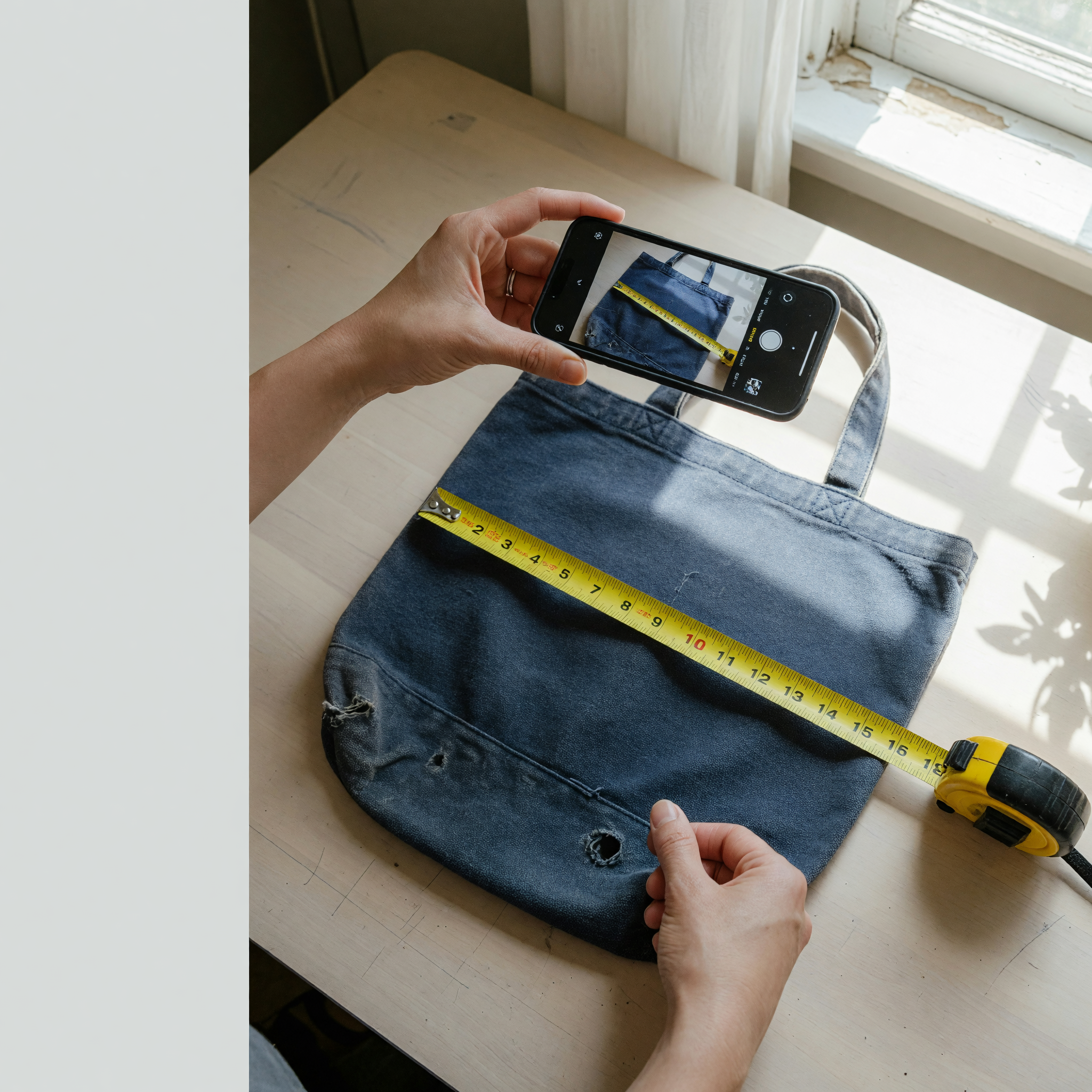 Hands holding a smartphone framing a single used item on a clean surface by a window, with a tape measure laid across it to show size
