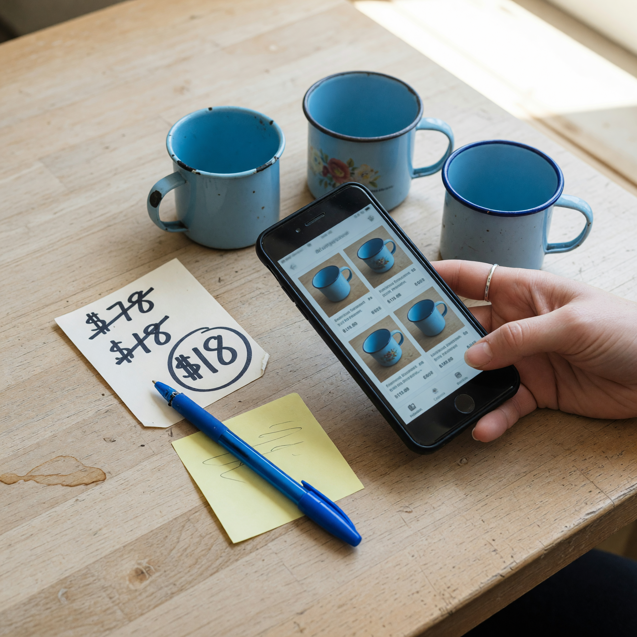 A hand holding a phone that shows several similar used items side by side for price comparison, with a blank price tag and pen on a wooden table