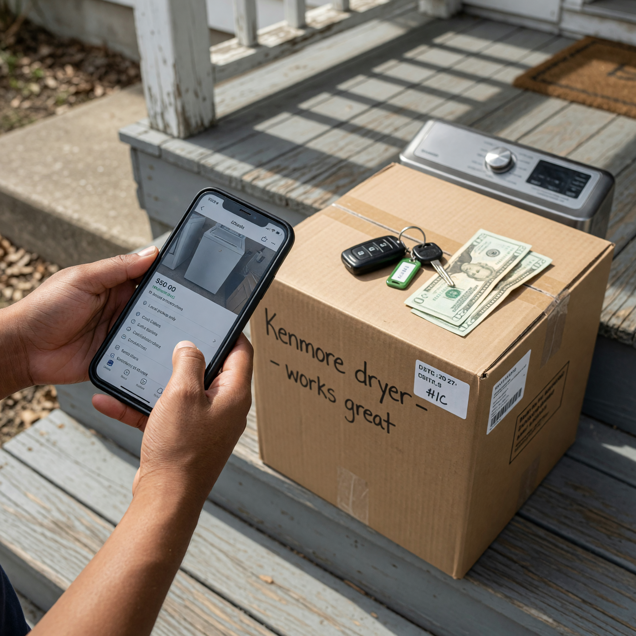 Hands holding a smartphone showing a used-item marketplace listing next to a boxed appliance on a sunny porch step, with car keys and cash bills resting on the box