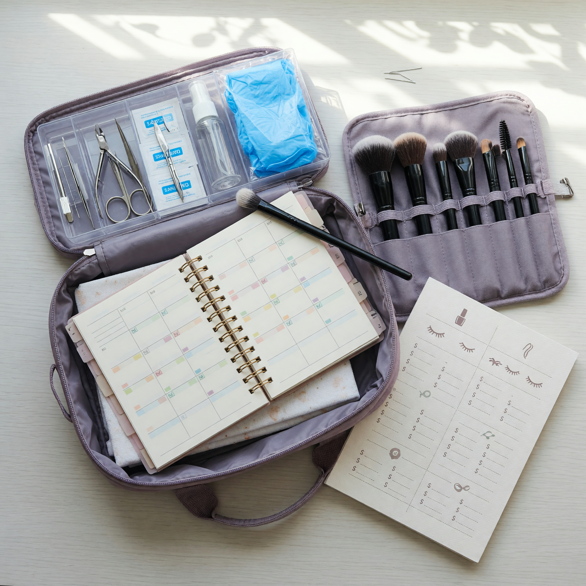 Mobile beauty kit with brushes, sanitized tools, travel bag, and booking planner