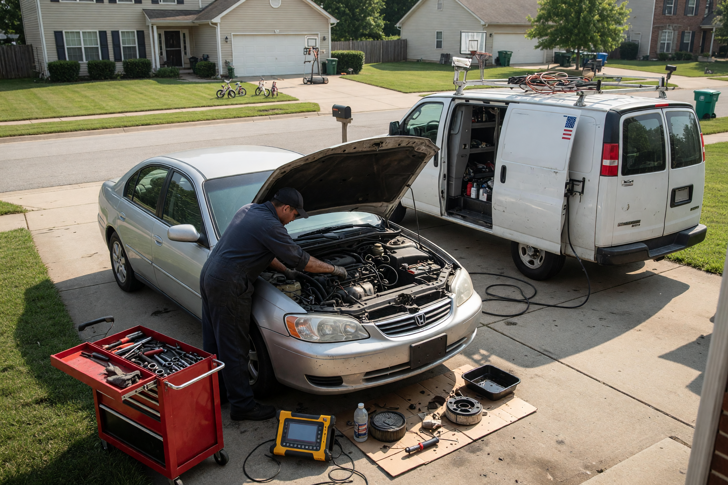 A mobile mechanic servicing a car engine in a residential driveway with tools and a service van nearby