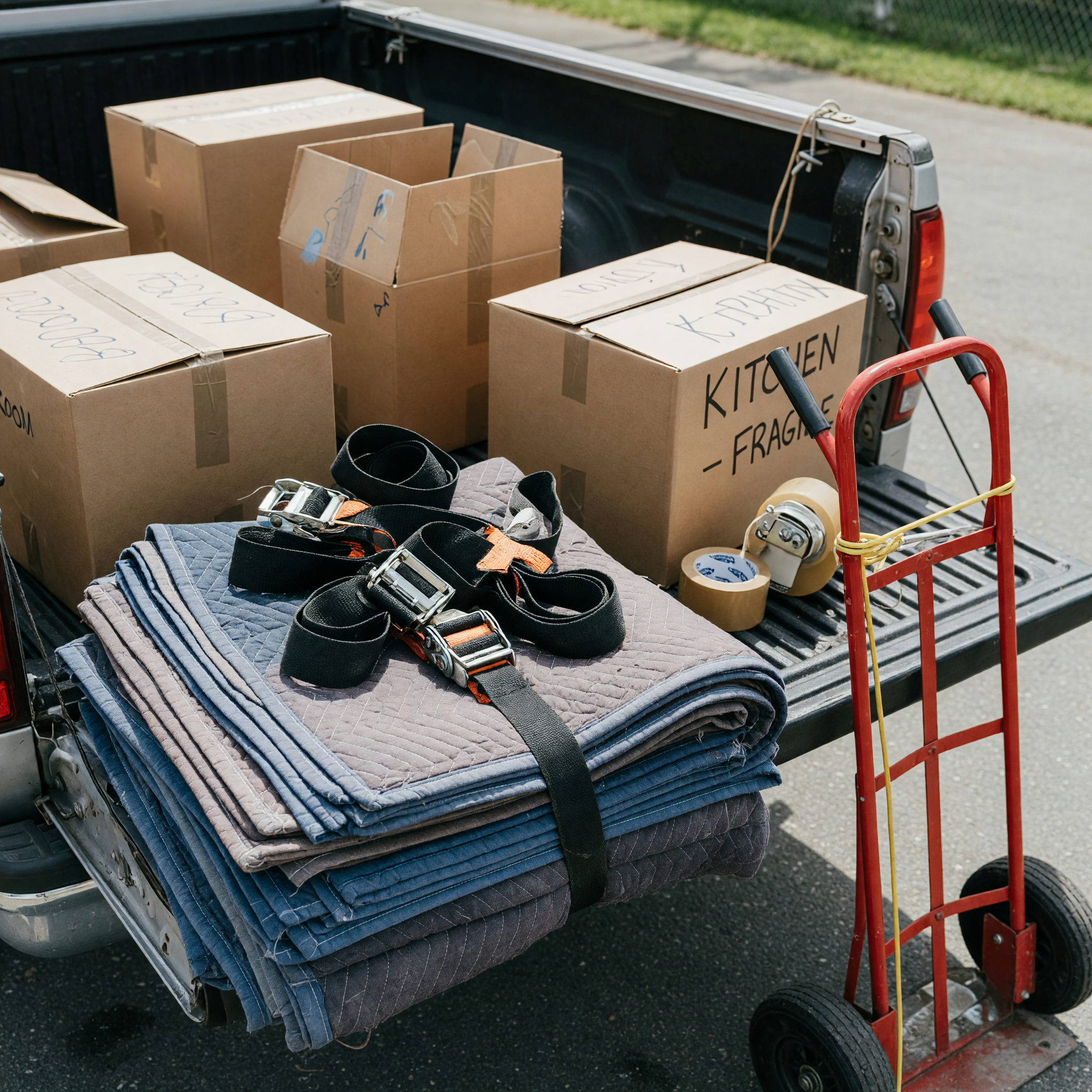 Moving equipment arranged beside a pickup truck with blankets, straps, hand truck, and stacked boxes ready for a local move
