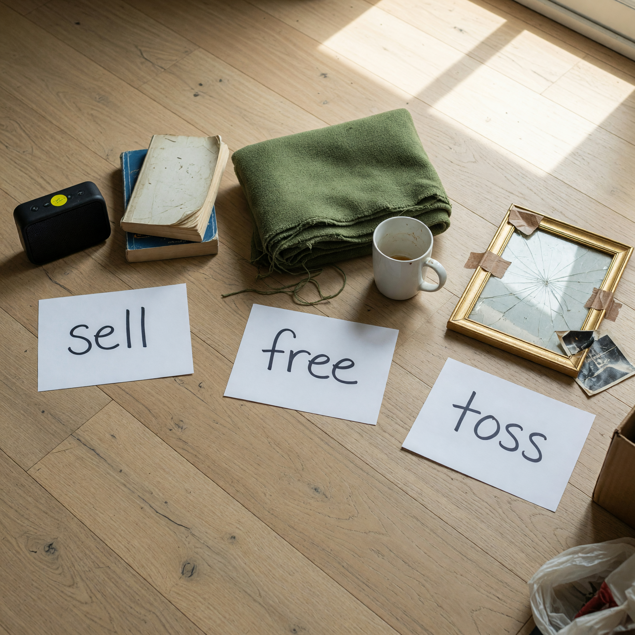 Three small paper labels laid on a wood floor beside household items, sorting a small speaker and books into sell, a folded blanket and mug into free, and a cracked picture frame into toss