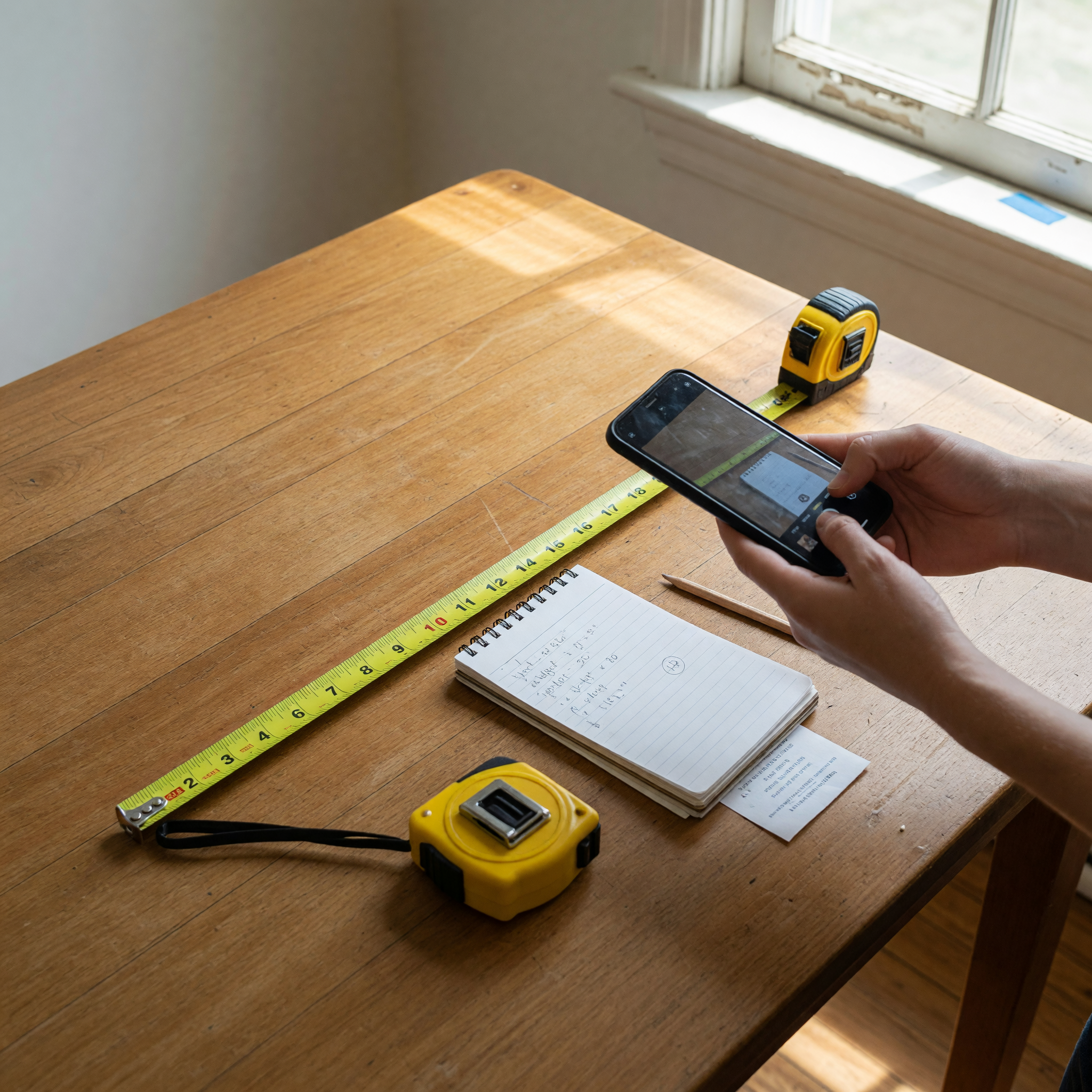 A person photographing a wooden dining table with a smartphone, a tape measure laid across the tabletop showing its width, and a notepad beside it listing dimensions and a pickup time