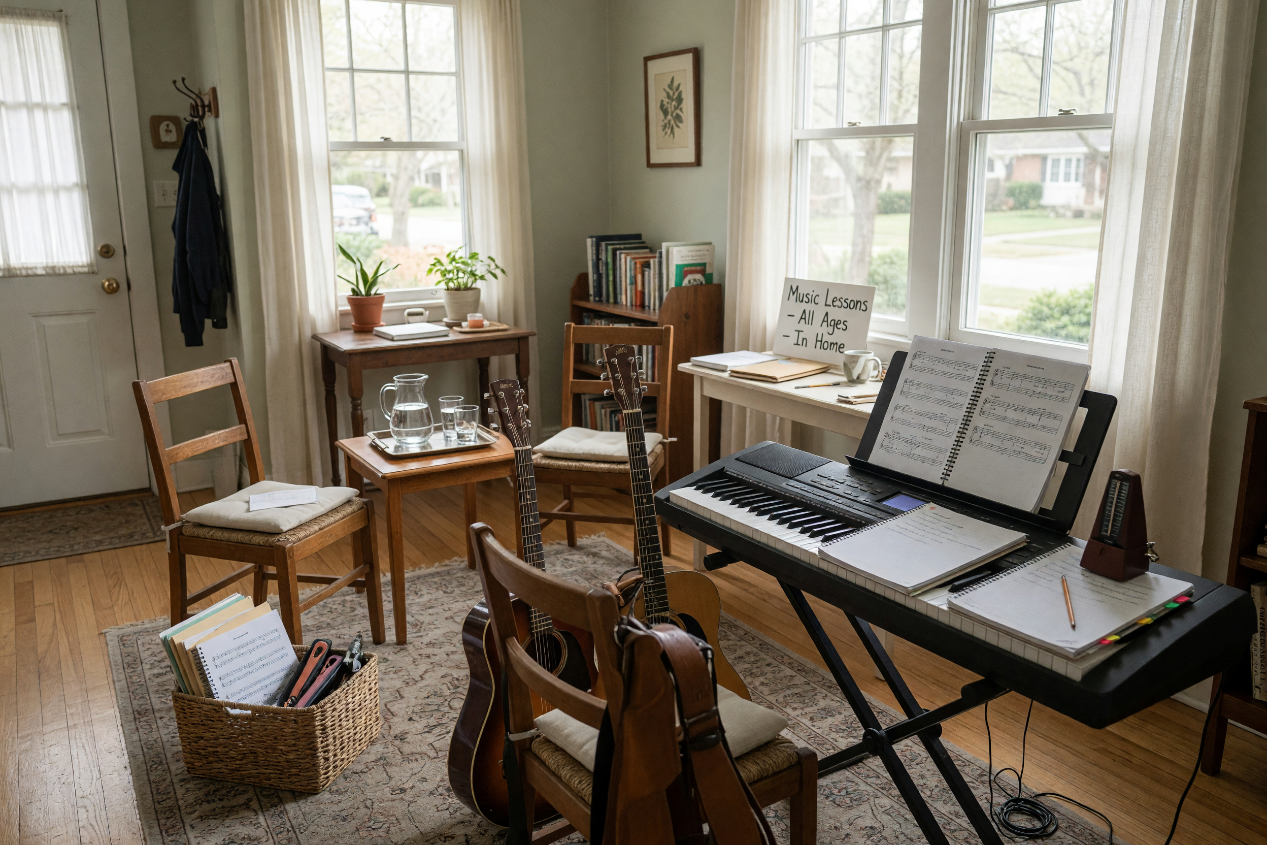 Music lesson setup with keyboard, guitar, music stand, and teaching notebook