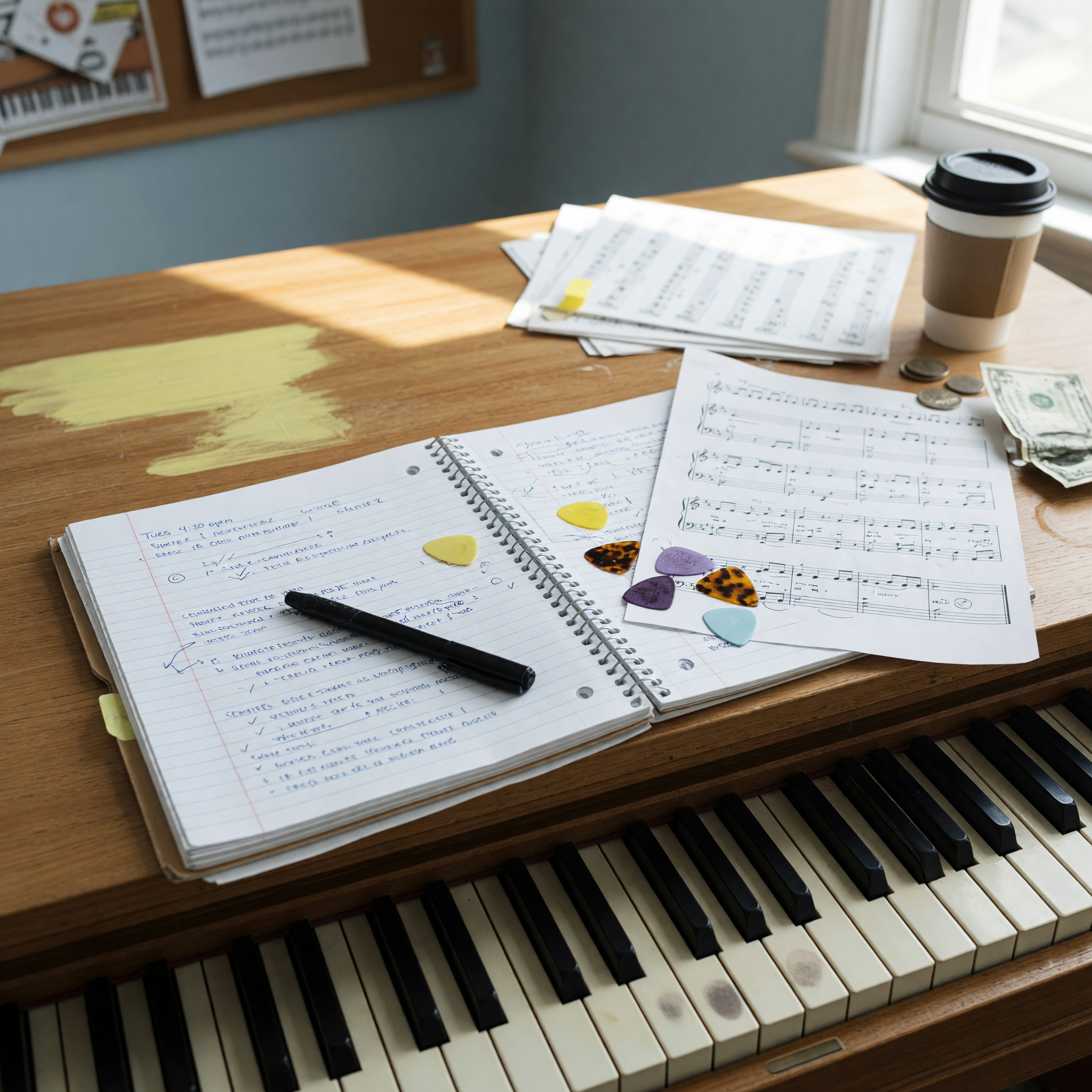 Music teacher arranging lesson notes beside a keyboard and acoustic guitar