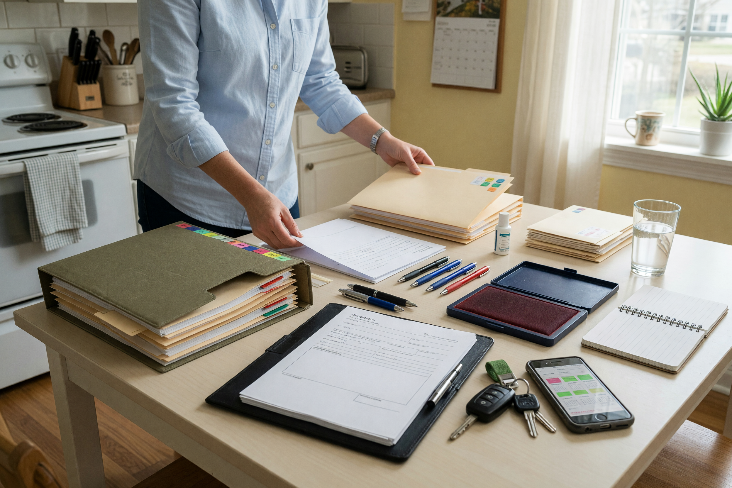 Paperwork help provider preparing folders, blank forms, pens and keys for a local document service appointment