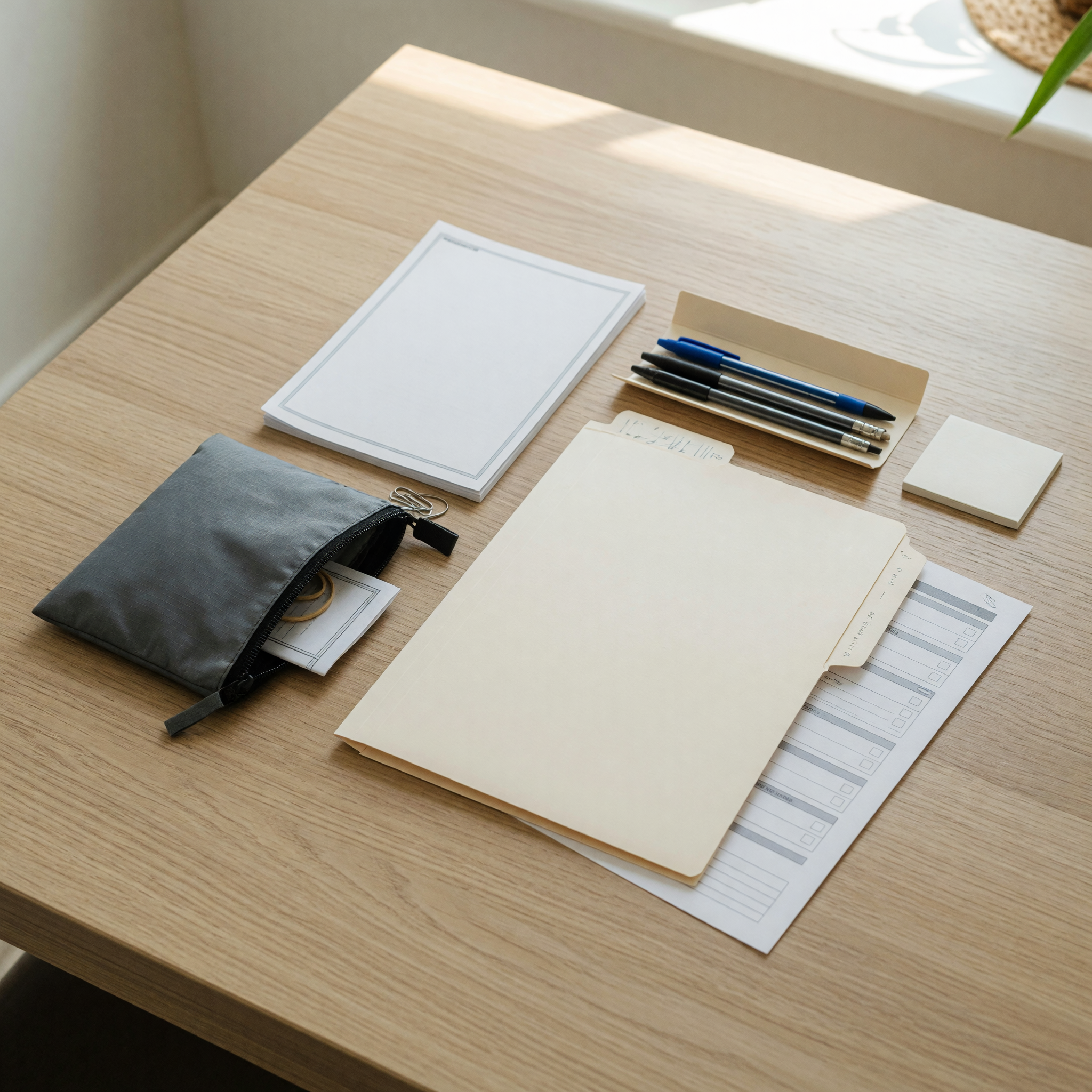 Organized paperwork service kit with blank folder, pens, checklist page and travel pouch for a local service listing