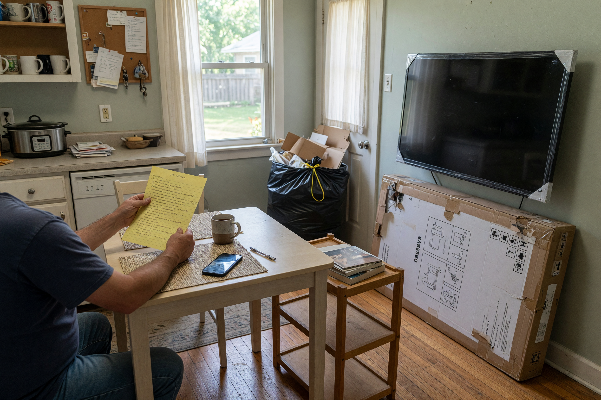 A homeowner at a kitchen table with a handwritten task list, a phone, a TV waiting to be mounted, a boxed flat-pack dresser, and a bag to haul out
