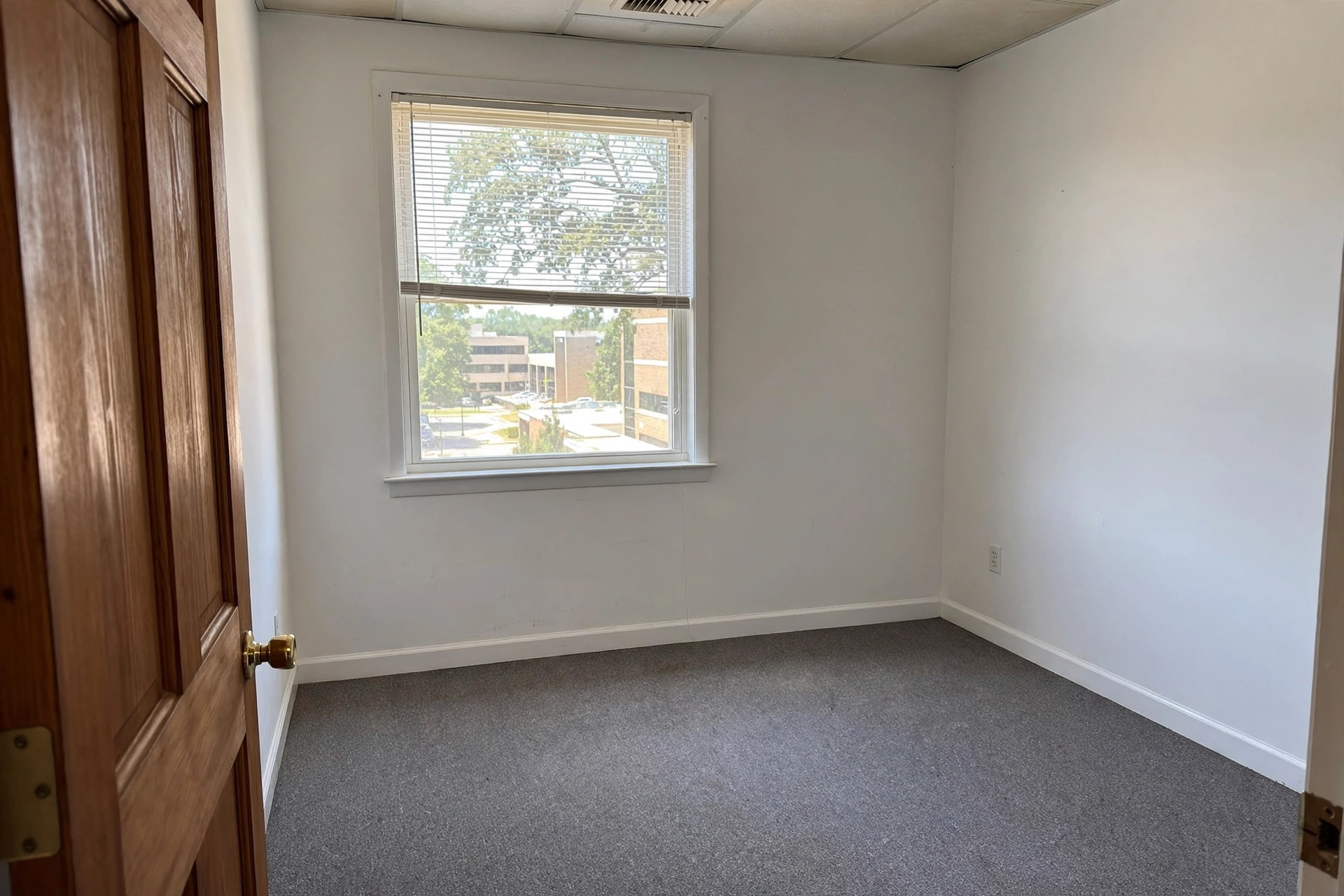 Empty small office suite with white walls, gray carpet, one window, and a wood door