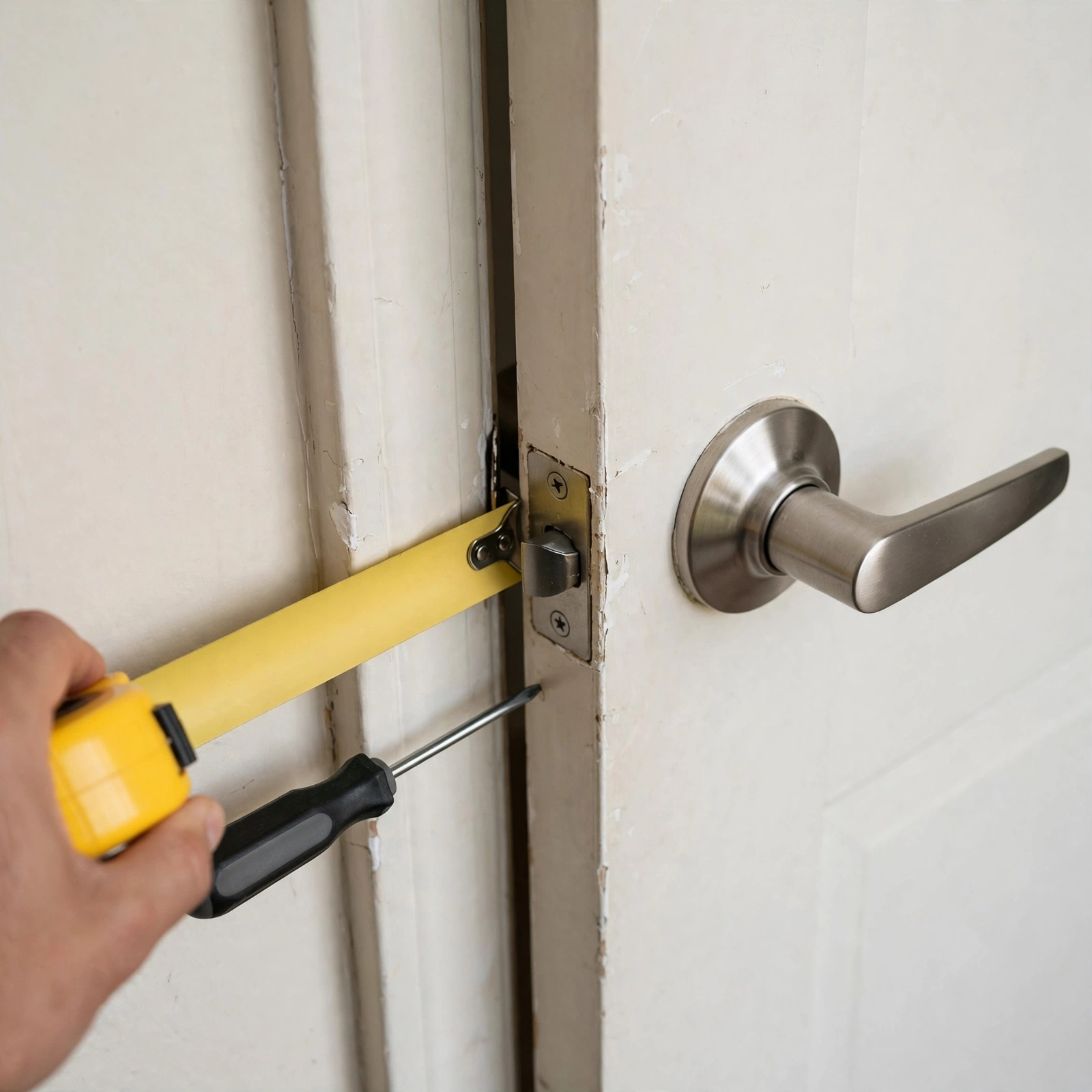 Close-up of the suite door handle and frame at the office entrance