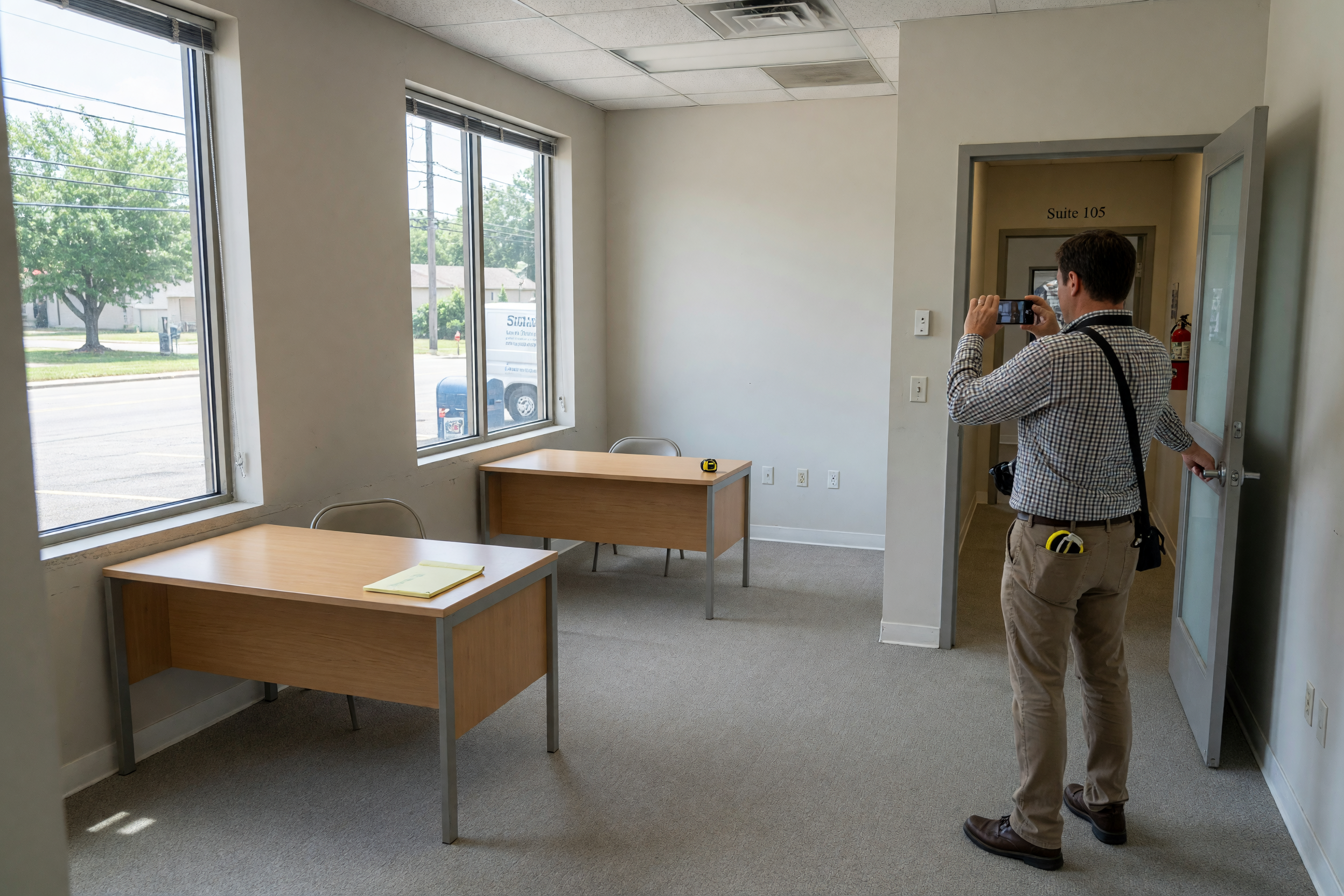 Small office suite with desks and natural light prepared for a rental listing