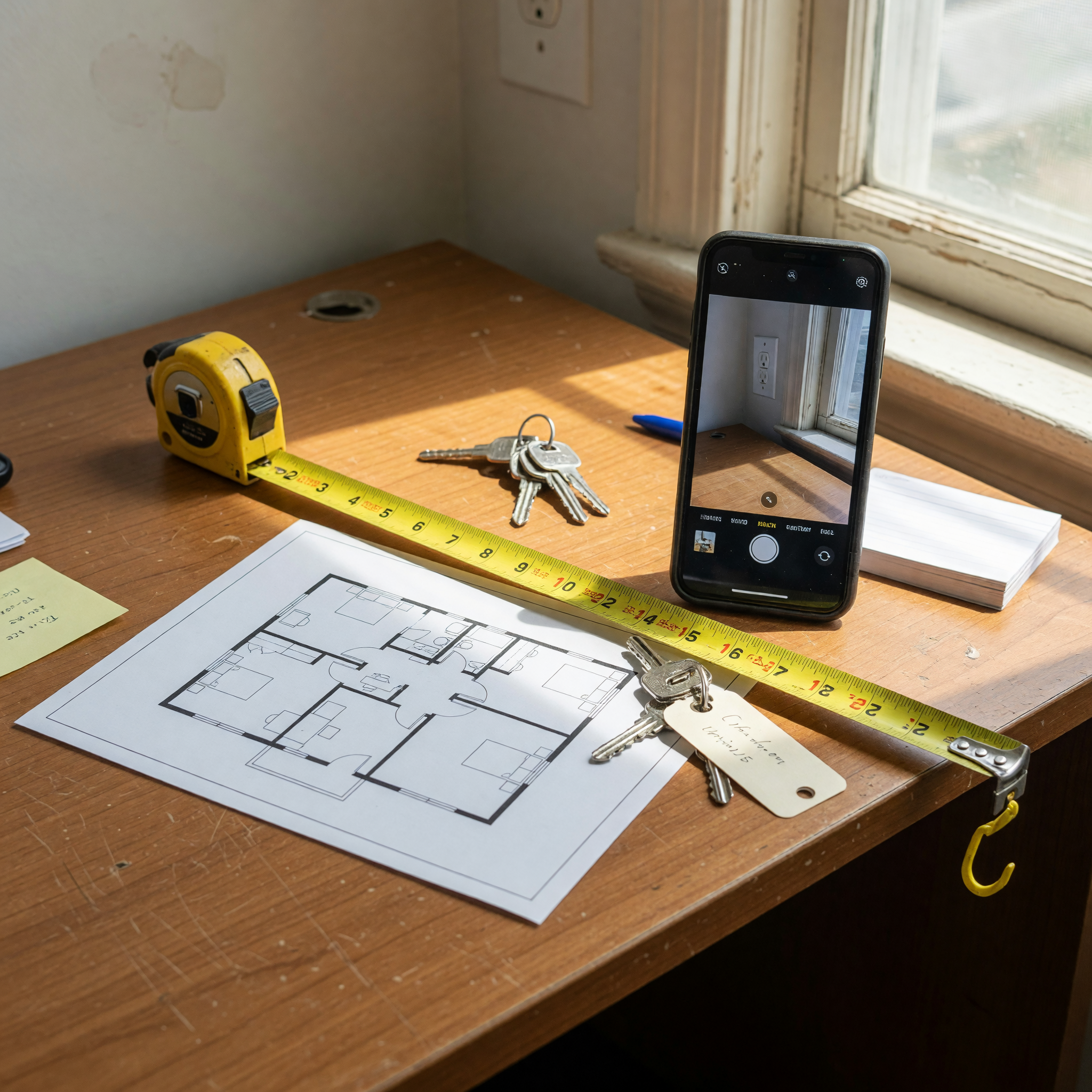 Office rental walkthrough details with keys, measuring tape, and floor plan