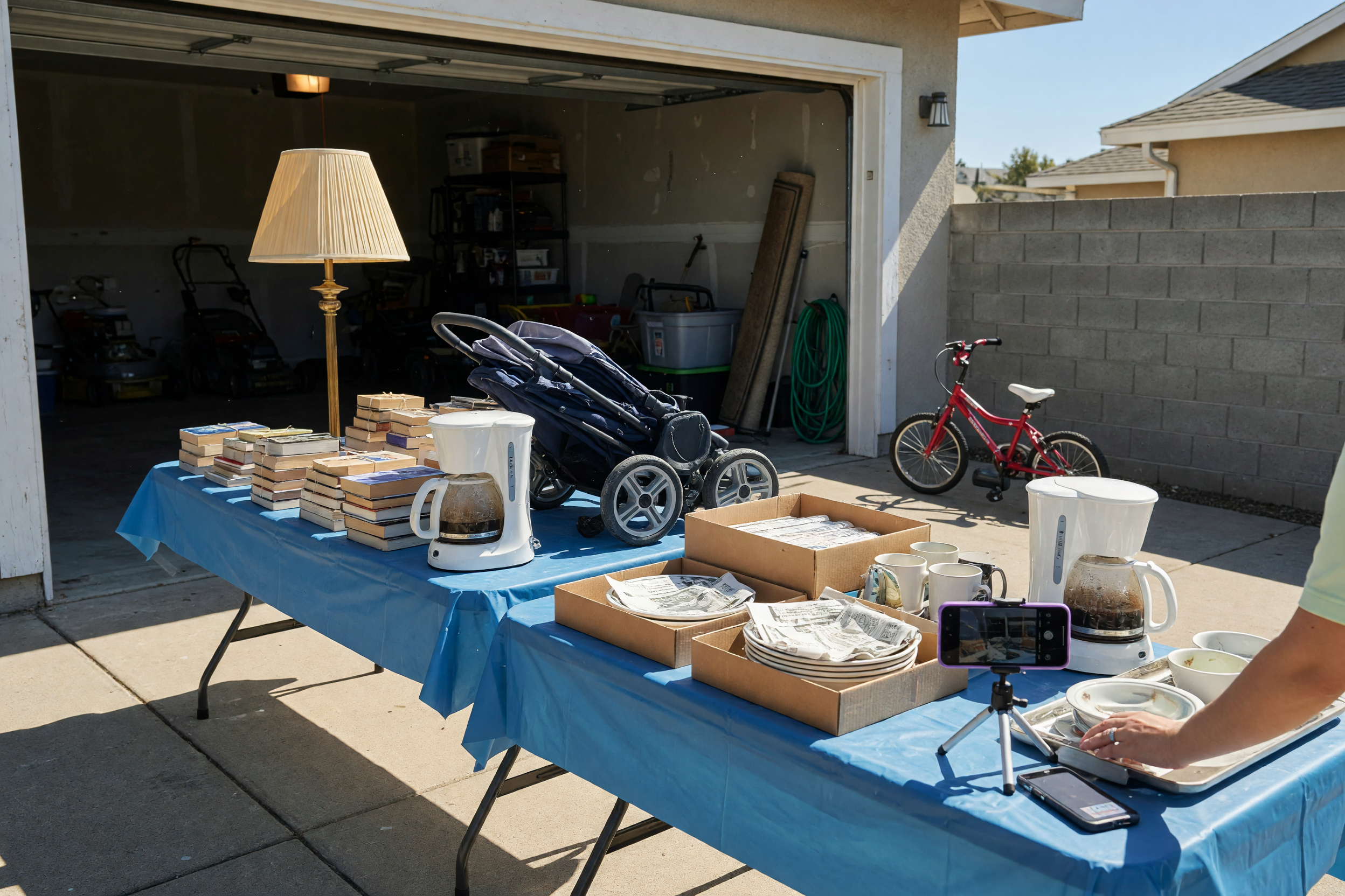 A suburban garage and driveway staged like an online yard sale, with folding tables of grouped used household goods and a smartphone on a small tripod photographing one batch for a local marketplace listing