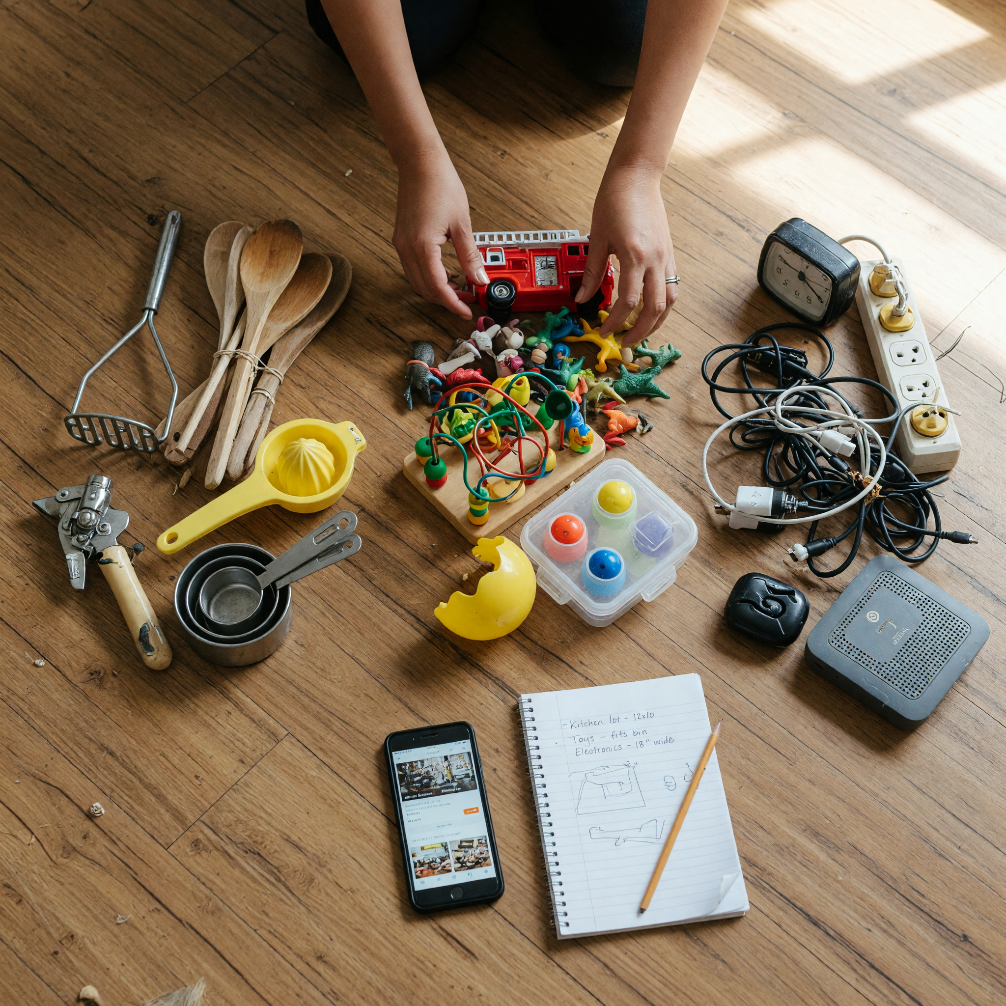 A person sorting a pile of used household items into three grouped batches on a wood floor — kitchen tools in one group, children's toys in another, small electronics with their cables in a third — with a phone and a notepad listing lot names and dimensions