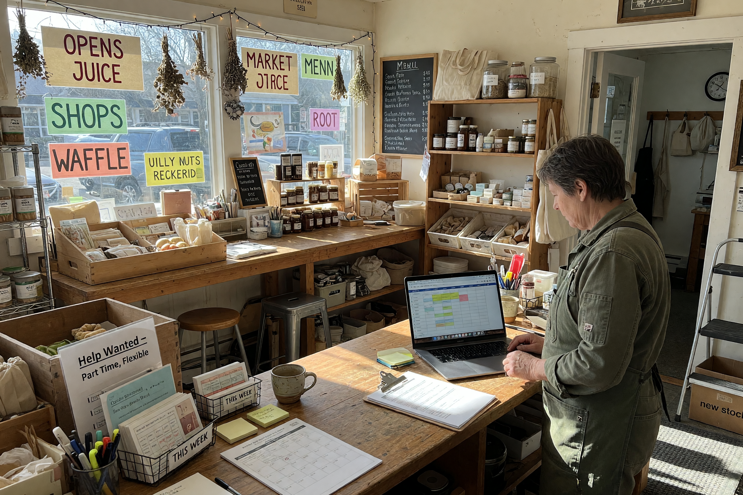 Small business owner reviewing a weekly part-time shift schedule on a laptop at a local shop counter