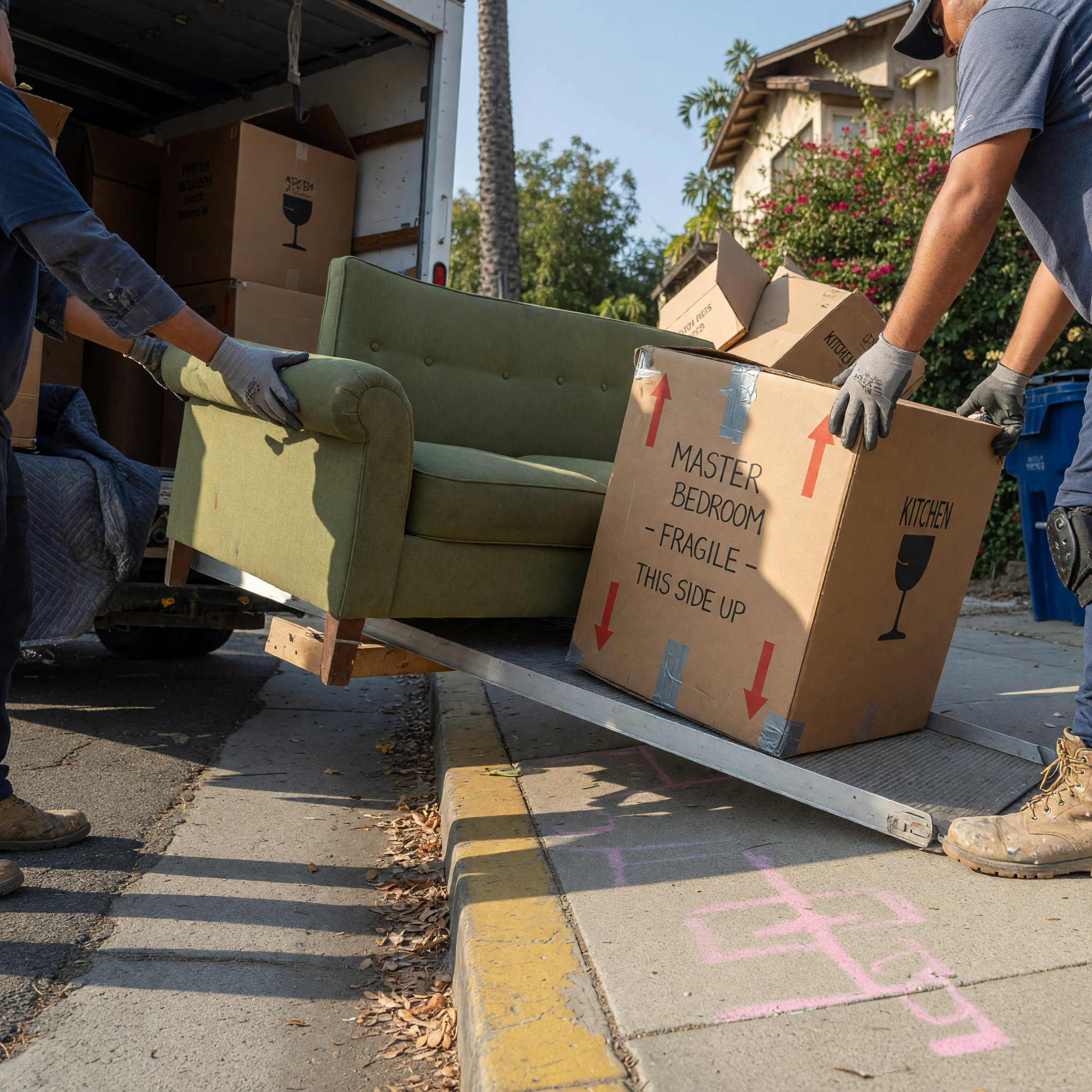 Crew loading furniture beside a truck for a Pasadena move