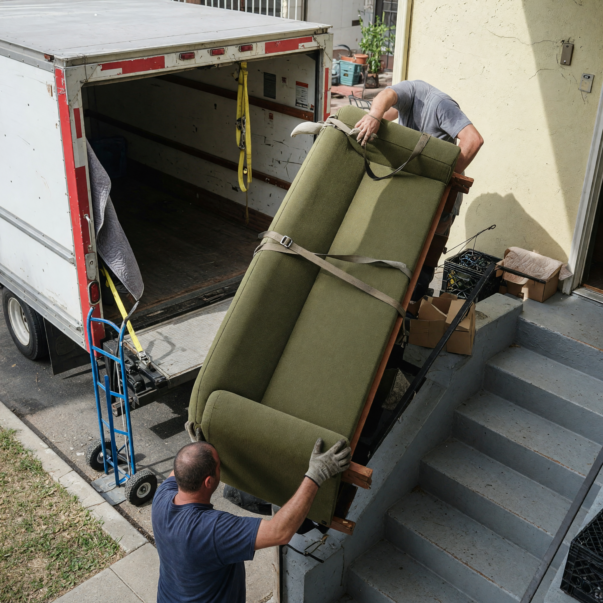 Movers carrying furniture up stairs beside a parked truck