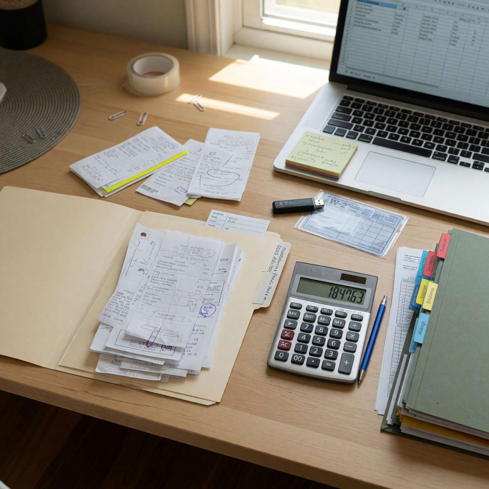 Organized tax and bookkeeping materials on a desk