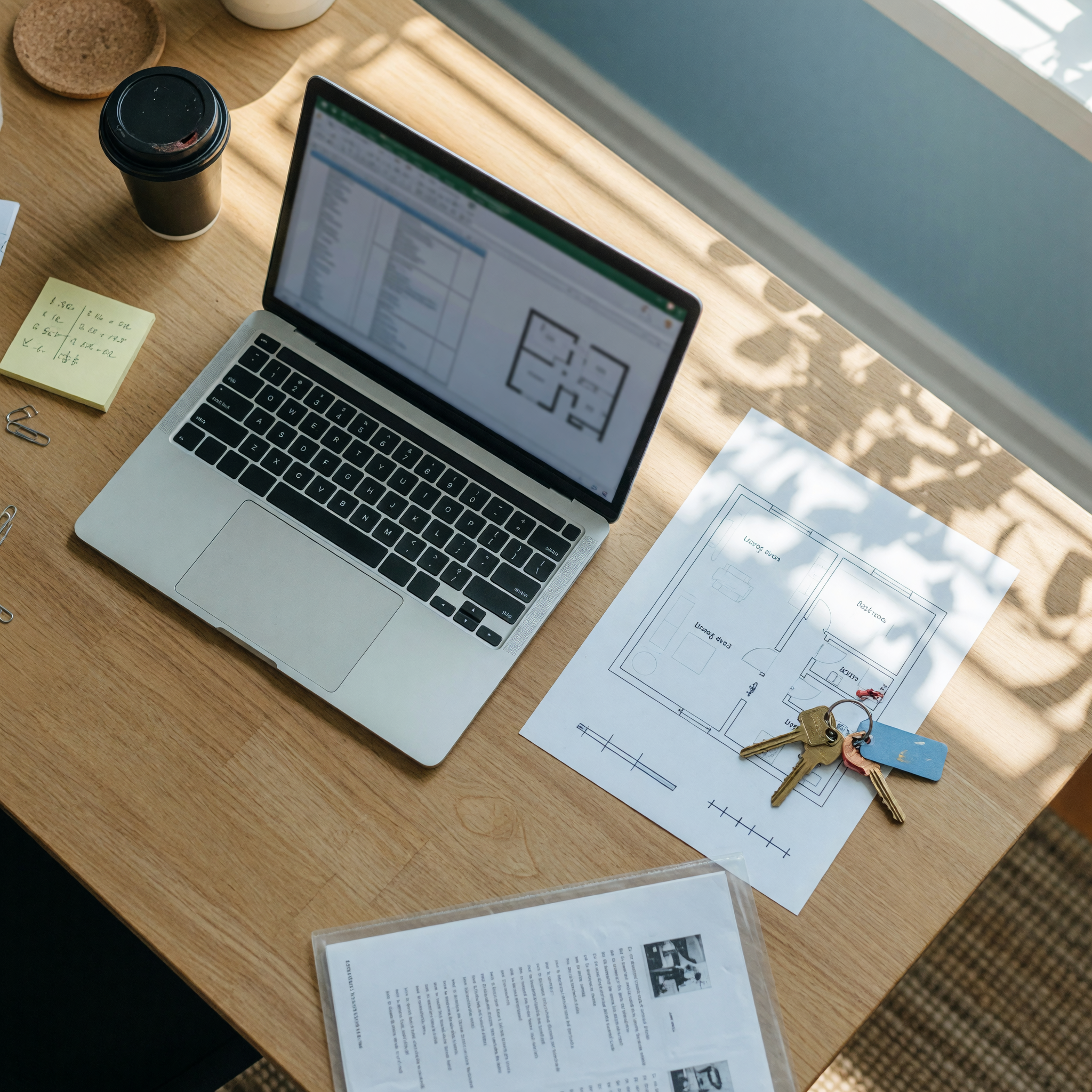 Apartment listing workspace with laptop and keys