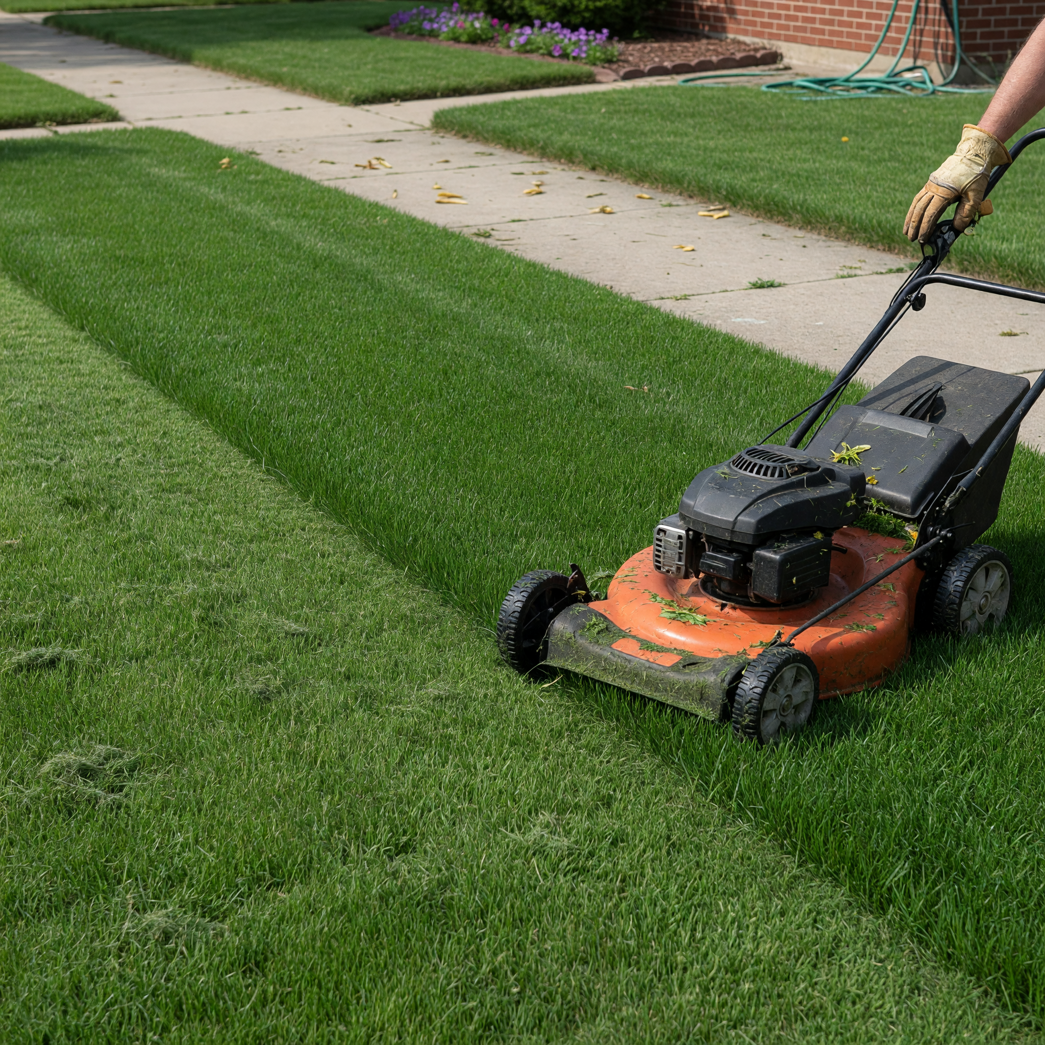 Professional lawn mowing scene in a Peoria neighborhood