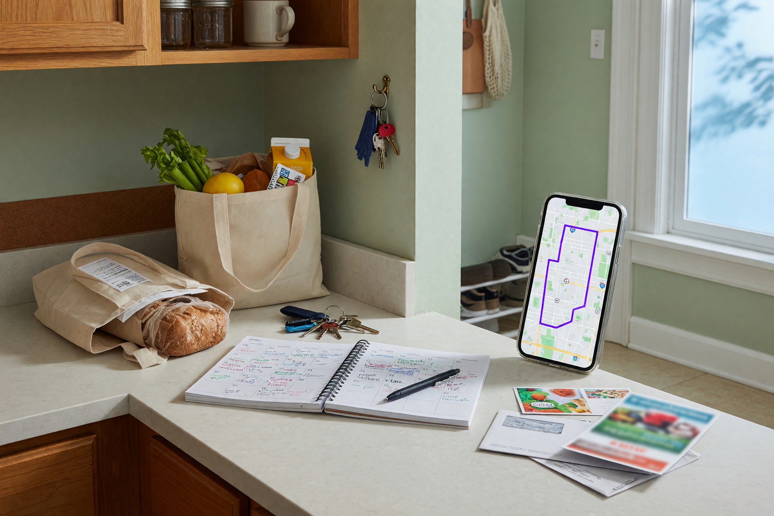 Organized errand and personal assistant setup with bags, keys, notebook, mail, and phone