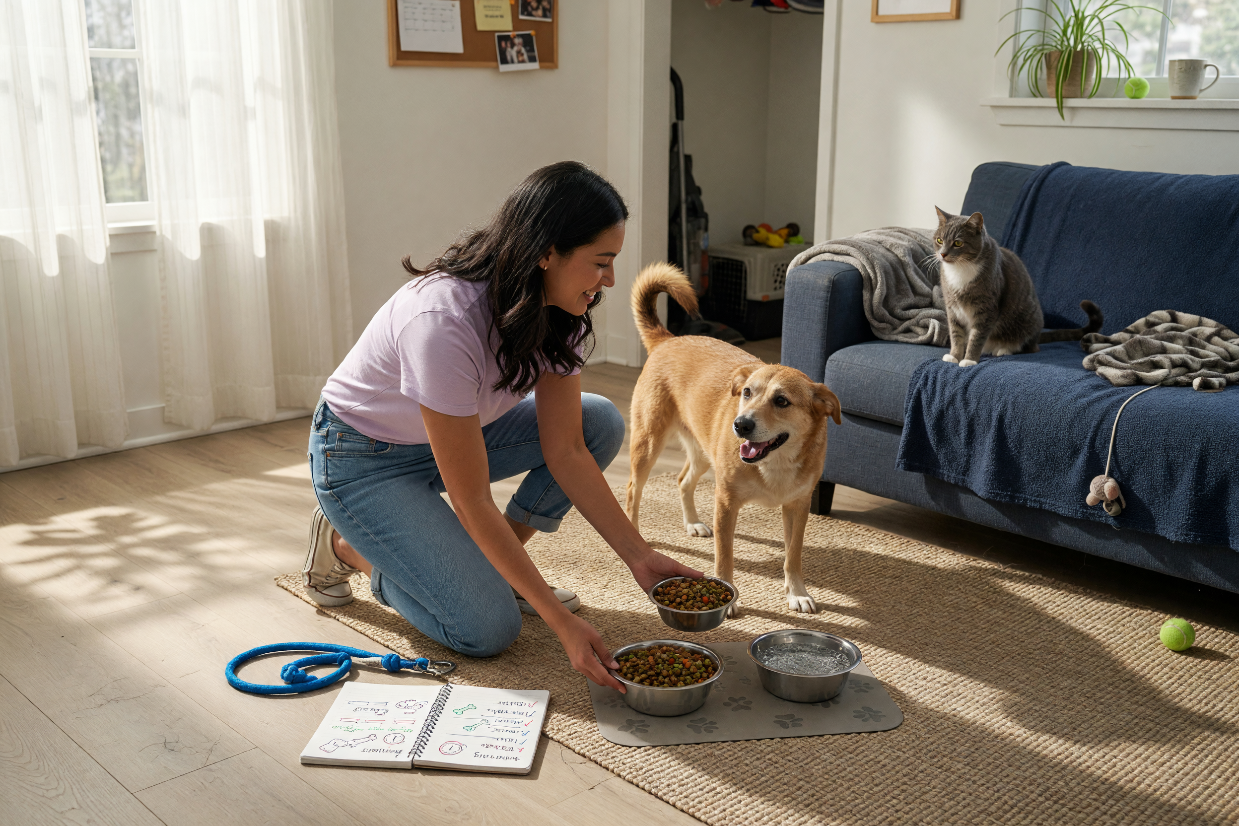 A friendly pet sitter kneeling in a sunny living room setting down a bowl of food and fresh water for a happy medium-size dog while a cat watches from a nearby couch