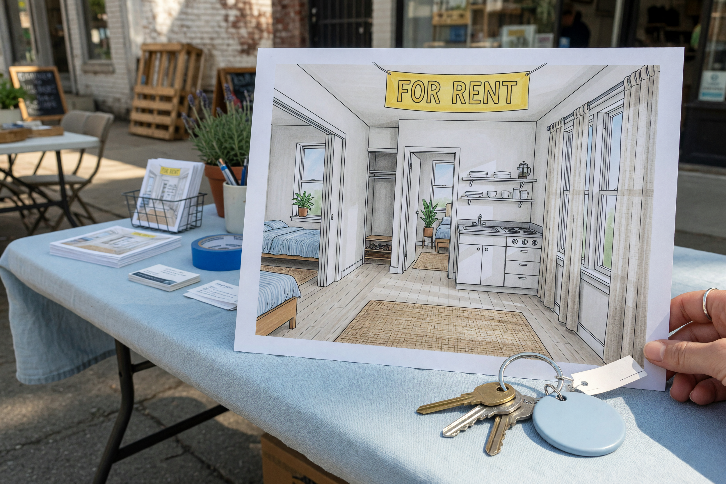 Minimal illustration of a rental apartment interior with a key ring.