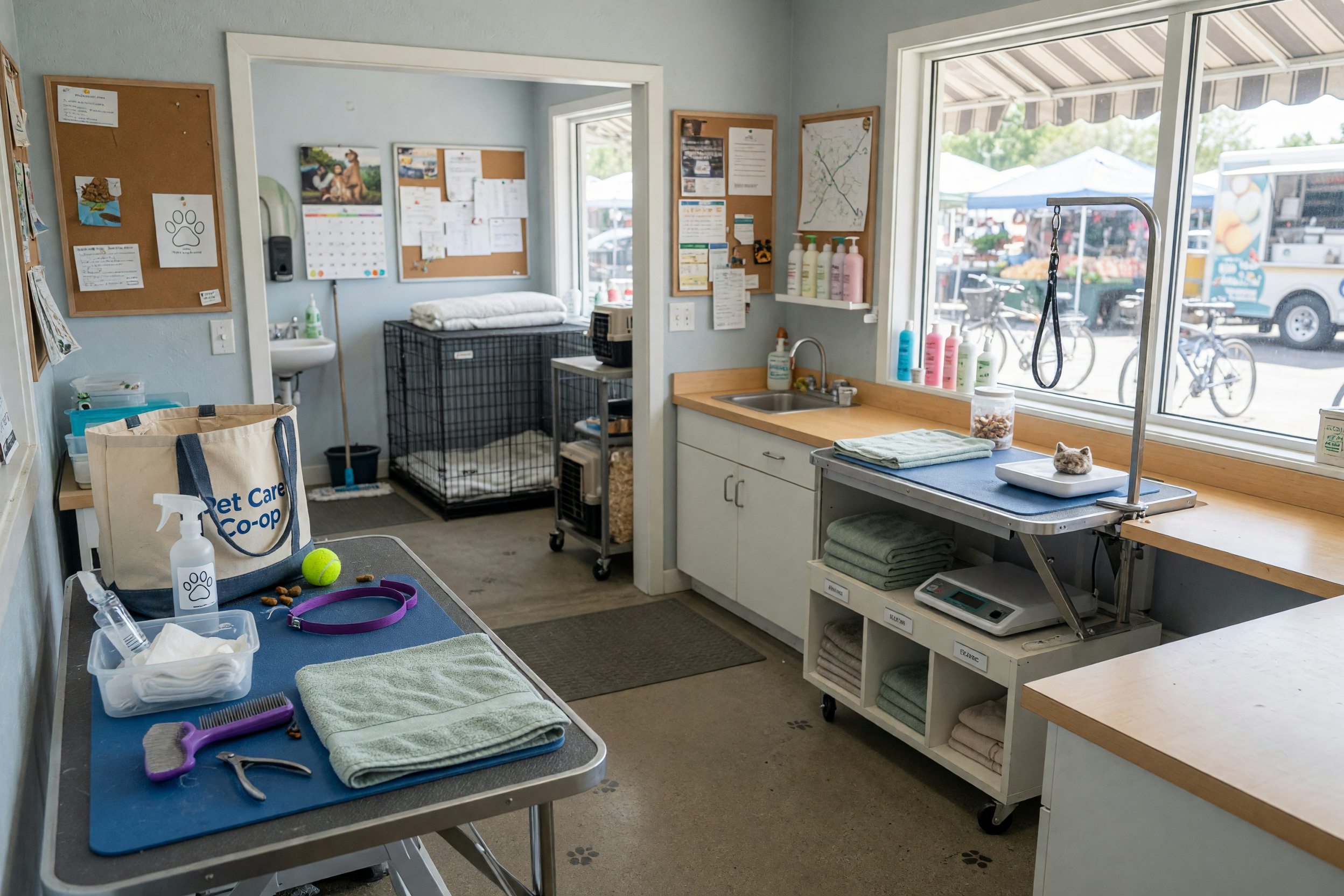 A local animal care hiring scene with pet supplies and a tidy home setting