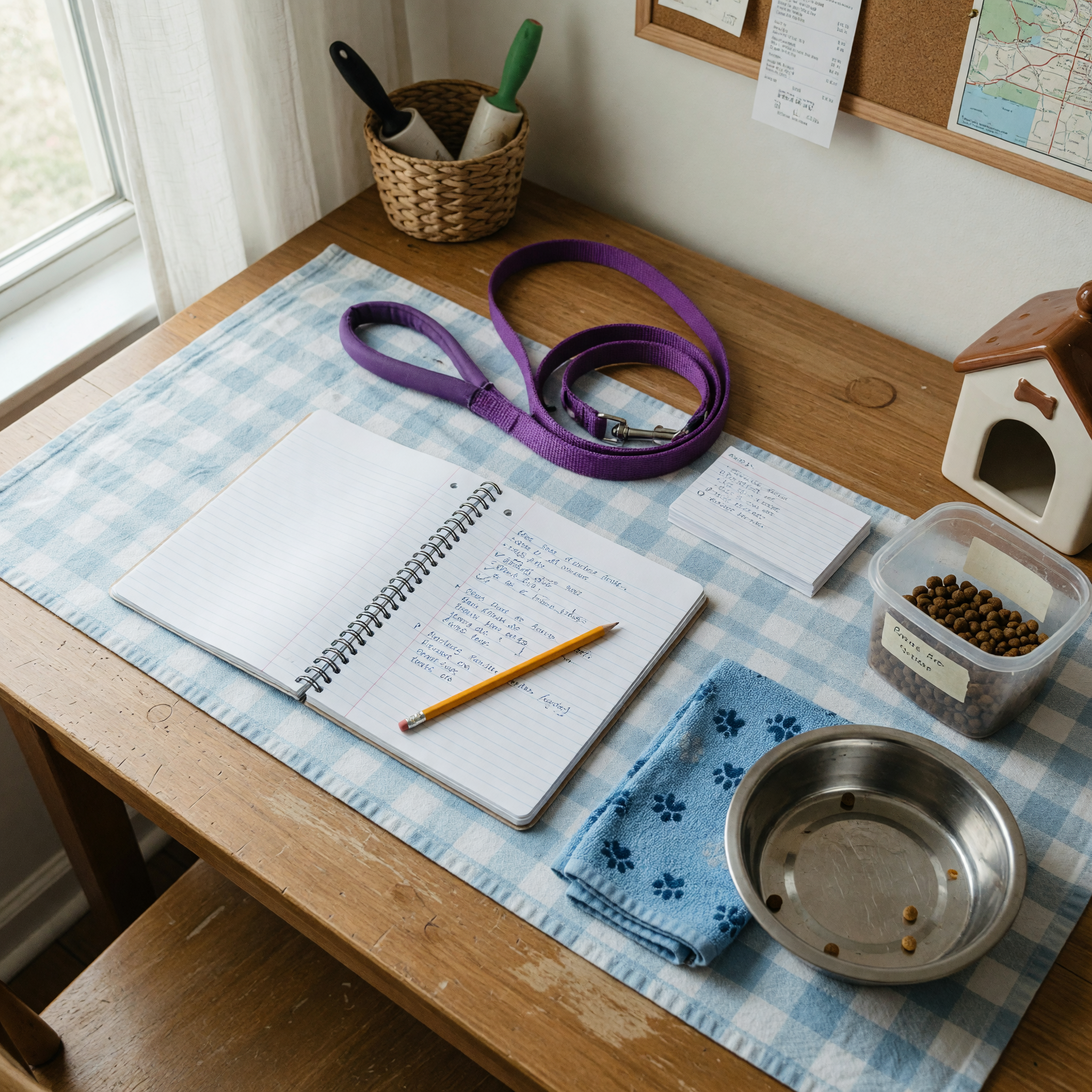 A pet care job setup with a notebook, leash, and food bowl