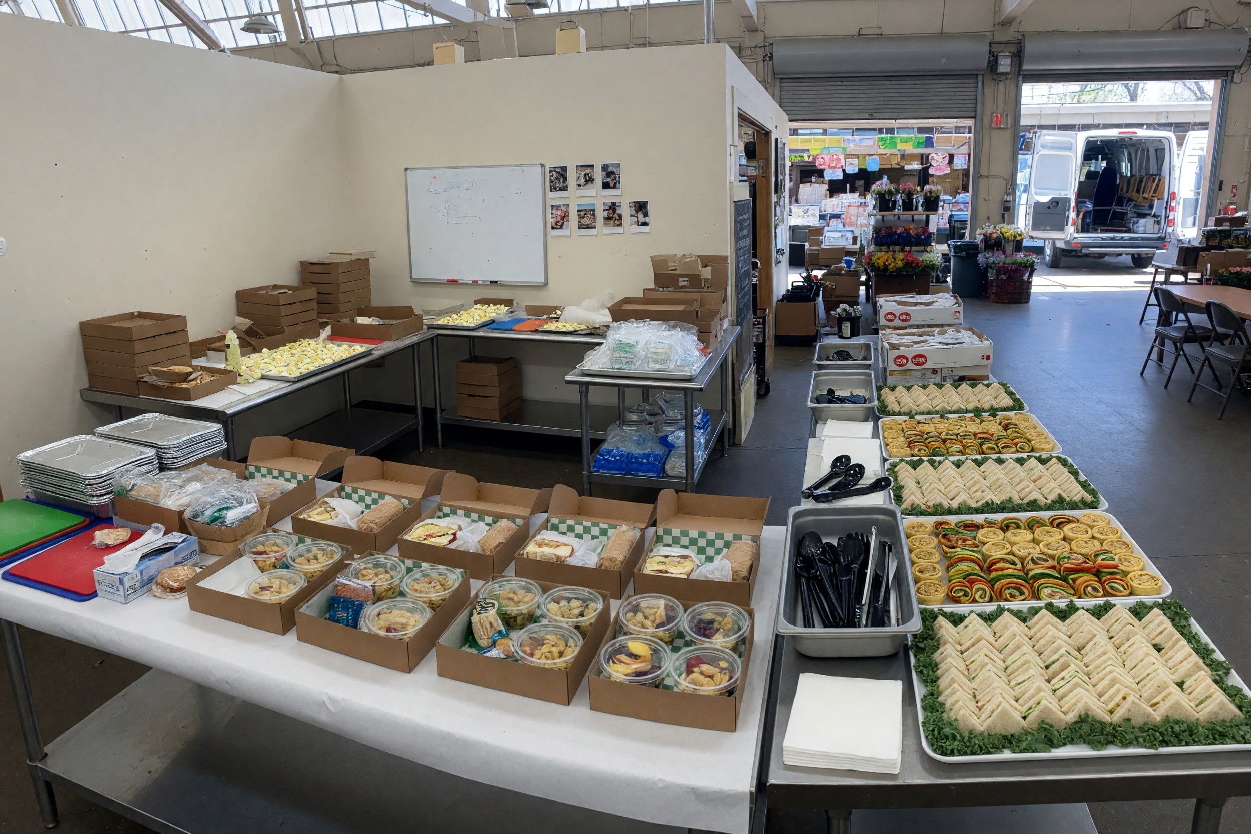 Catering trays and boxed meals prepared on a clean table for a local event service listing