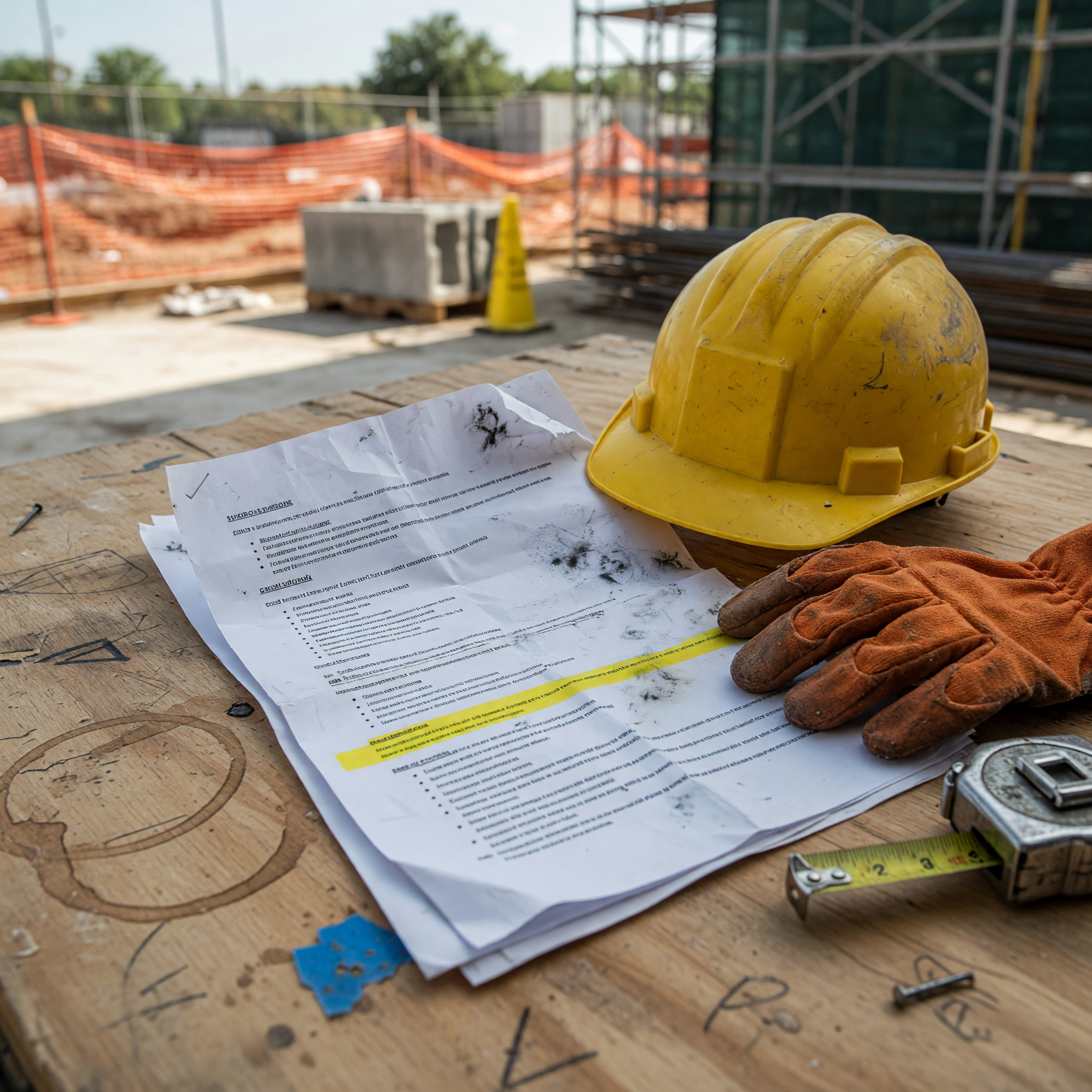 Construction job listing concept with PPE and site background