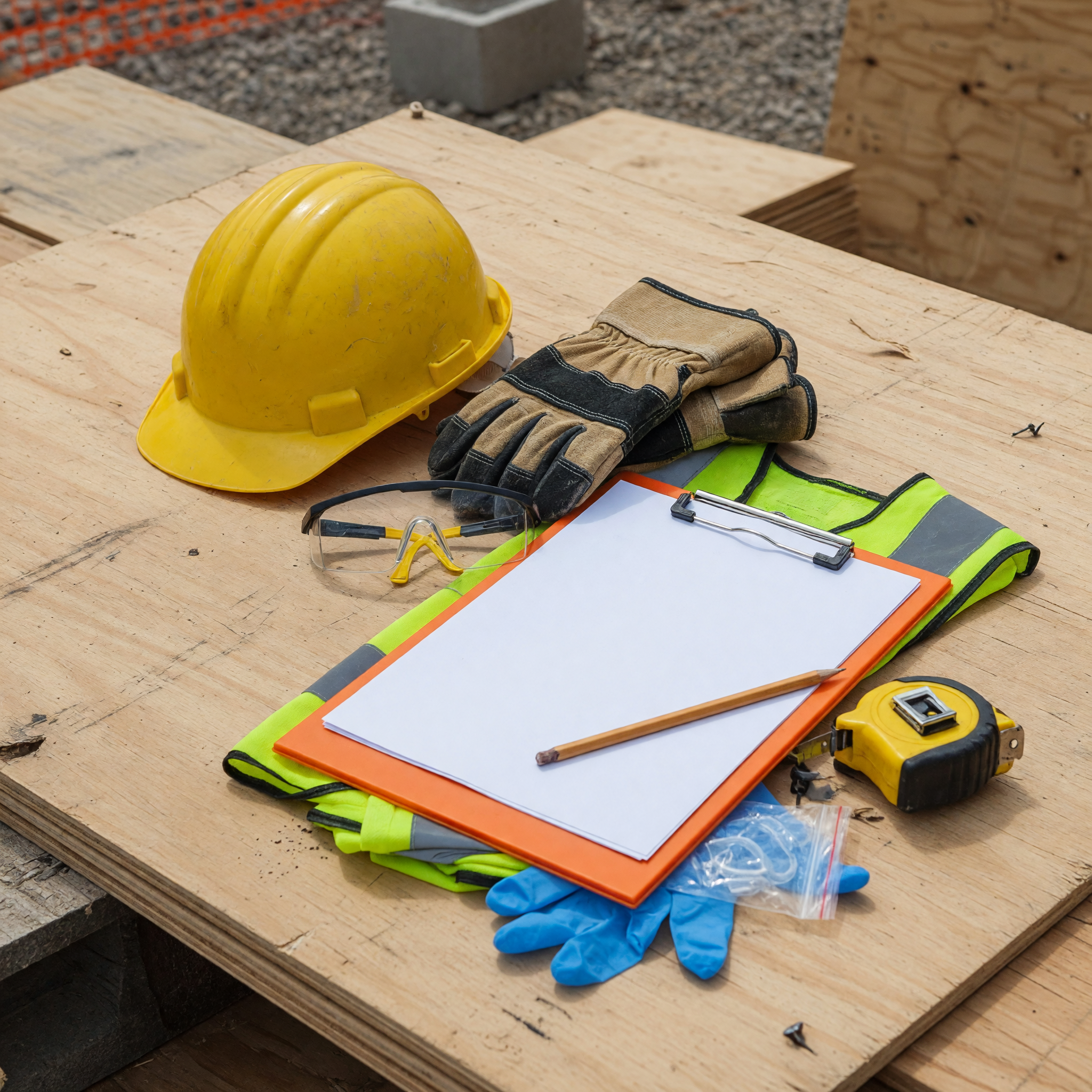 Construction PPE and blank job notes staged on a job site