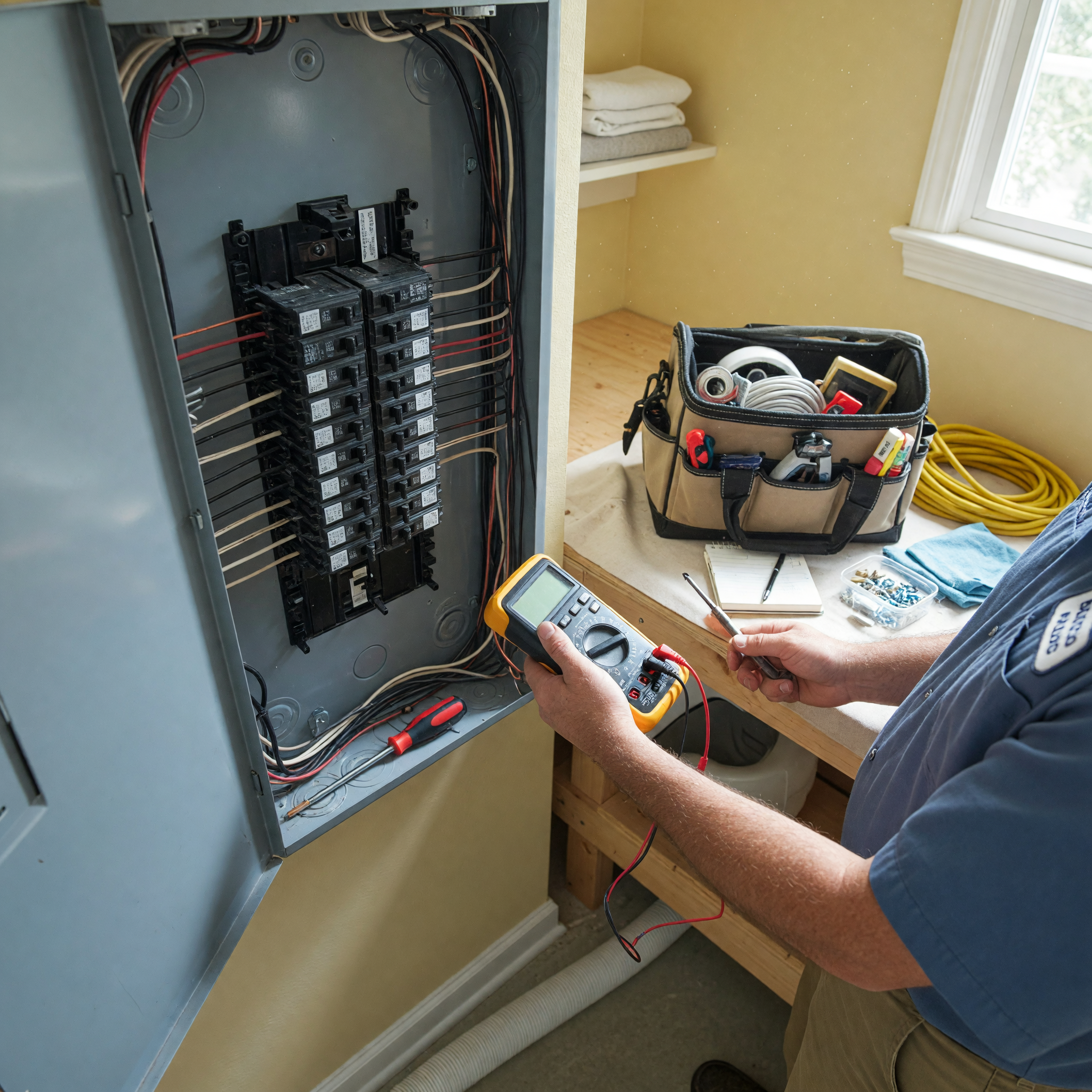 Electrician inspecting a home electrical panel in Glendale.