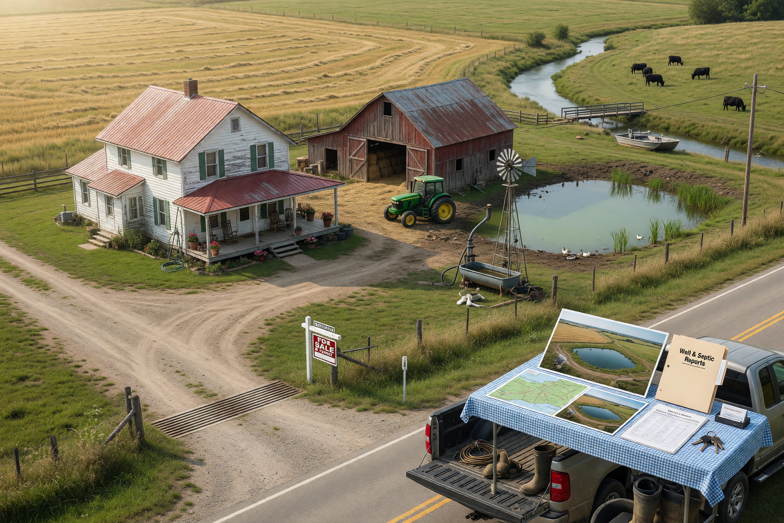 Rural farm property with fields, buildings, water, and road access