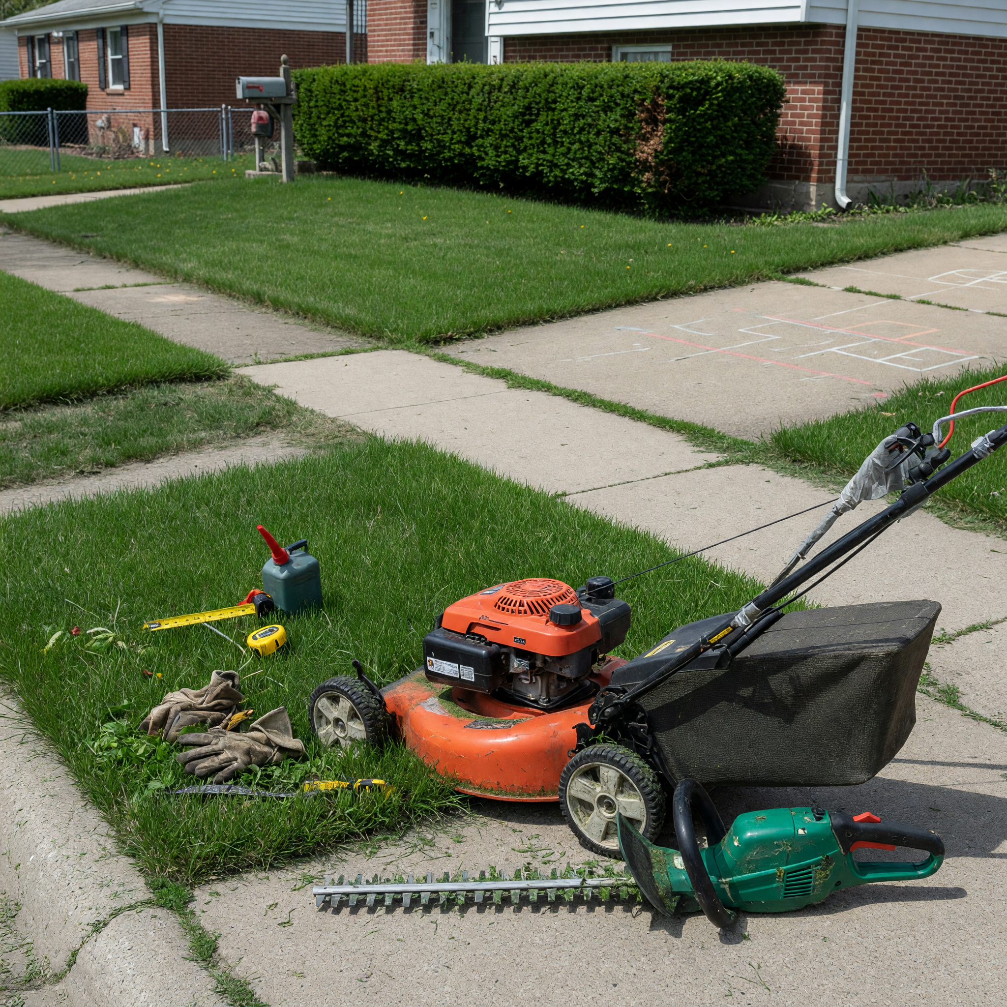 Illustration of gardening and lawn care tools beside a tidy neighborhood yard
