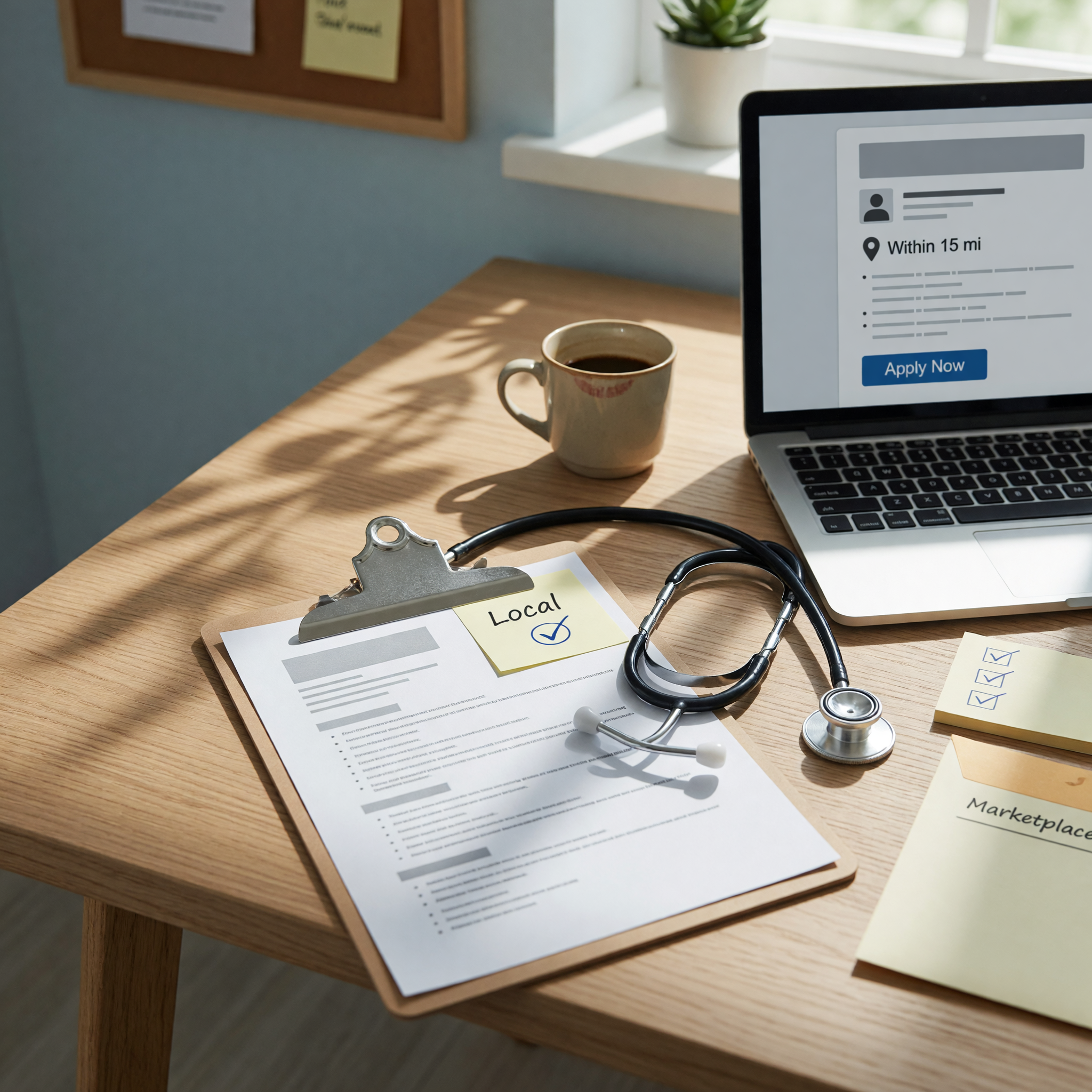 Desk scene with hiring tools and a laptop for a health job post