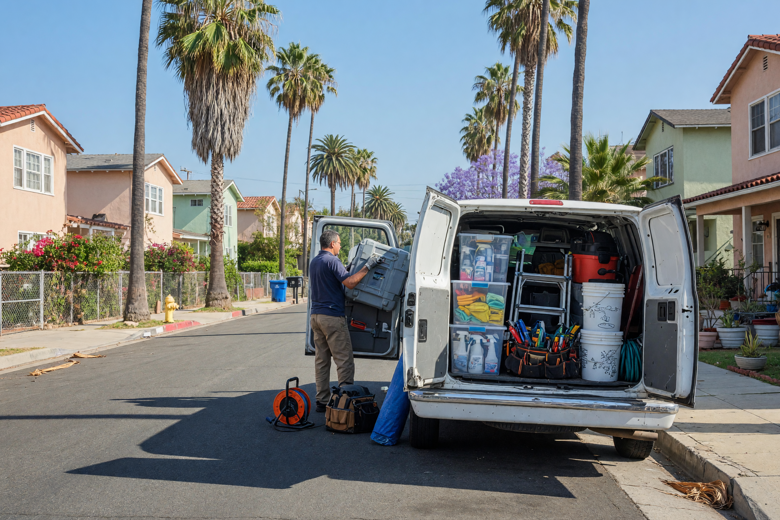 Local service professional loading work equipment into a van on a sunny Los Angeles residential street