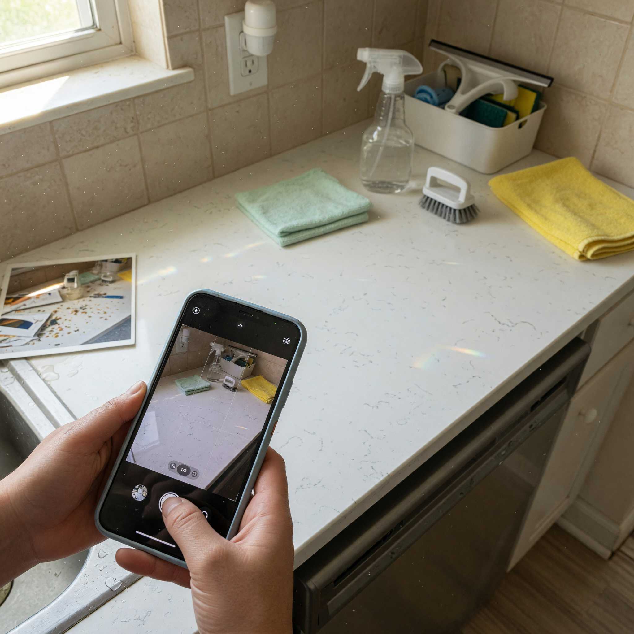 Service provider photographing a freshly cleaned kitchen counter on a phone to show proof of work for a listing