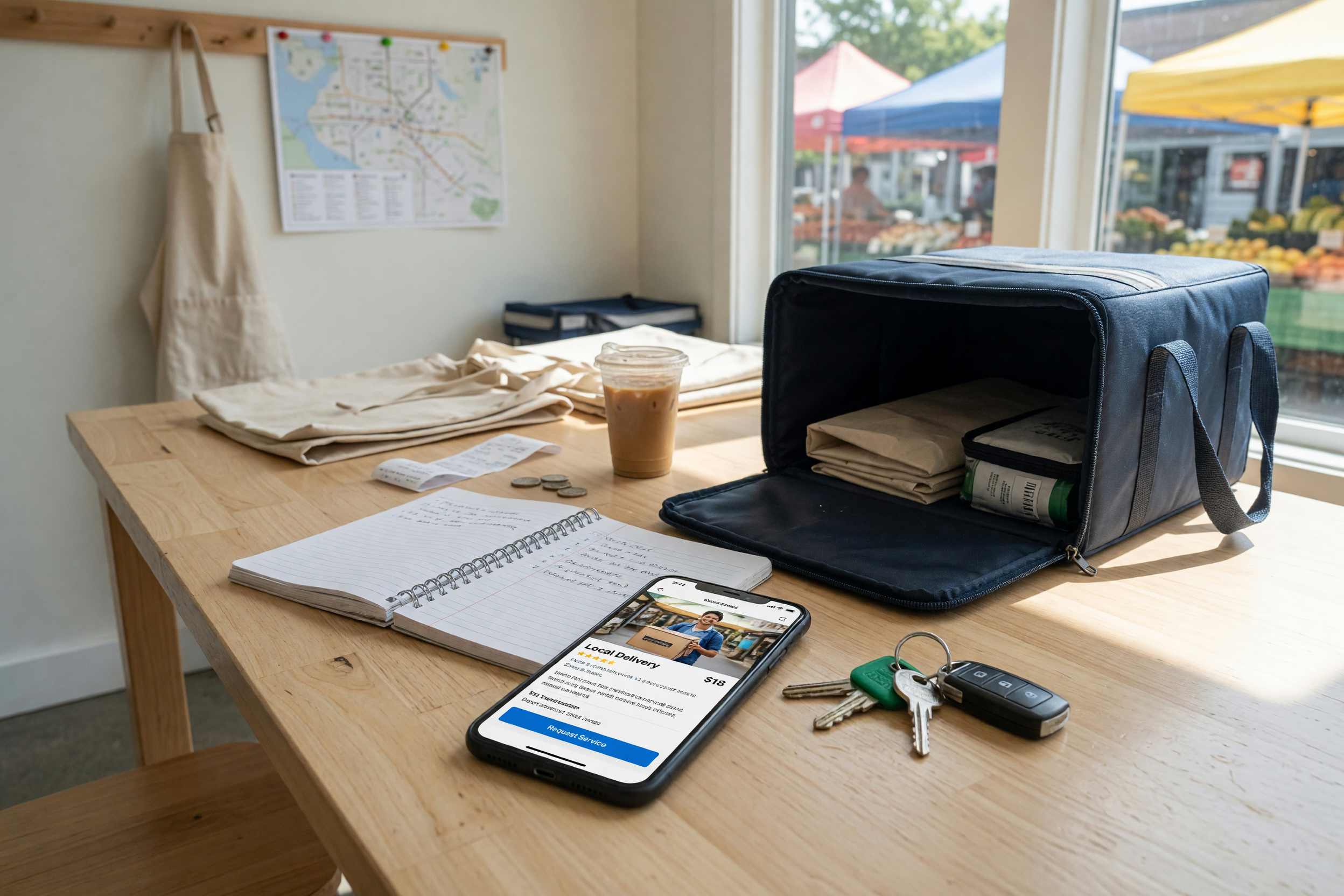 Marketplace-style image of a personal assistant service setup with phone and tools