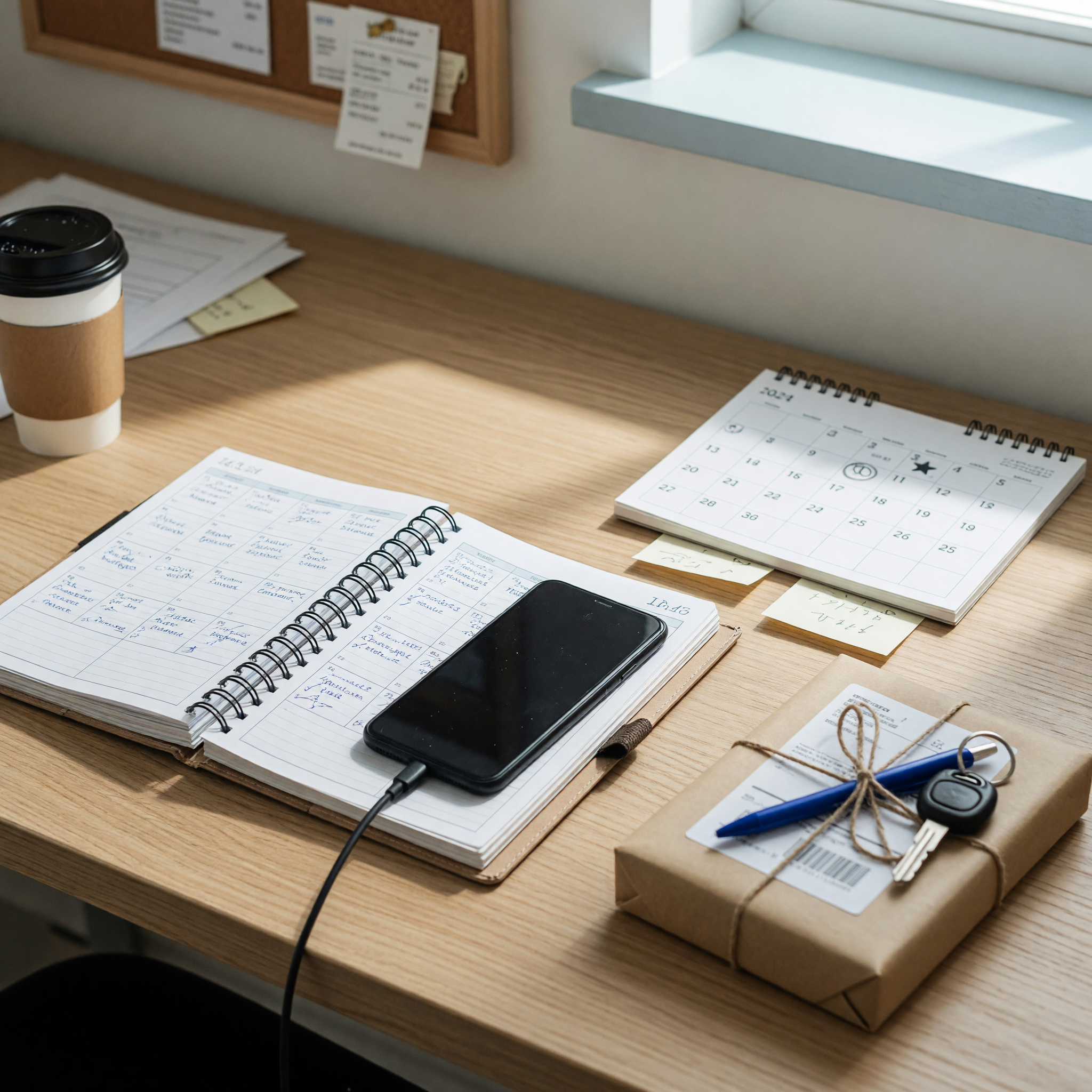 Desk scene with planner, phone, and parcel for a local errand service listing