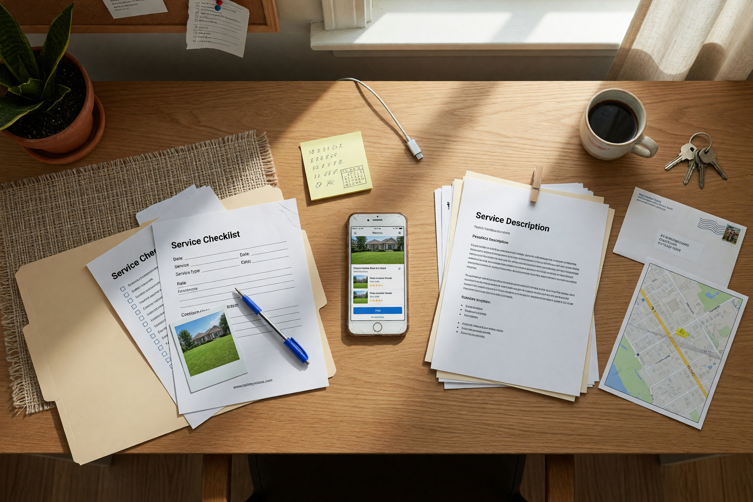 Flat-lay illustration of documents and a phone for a local services listing